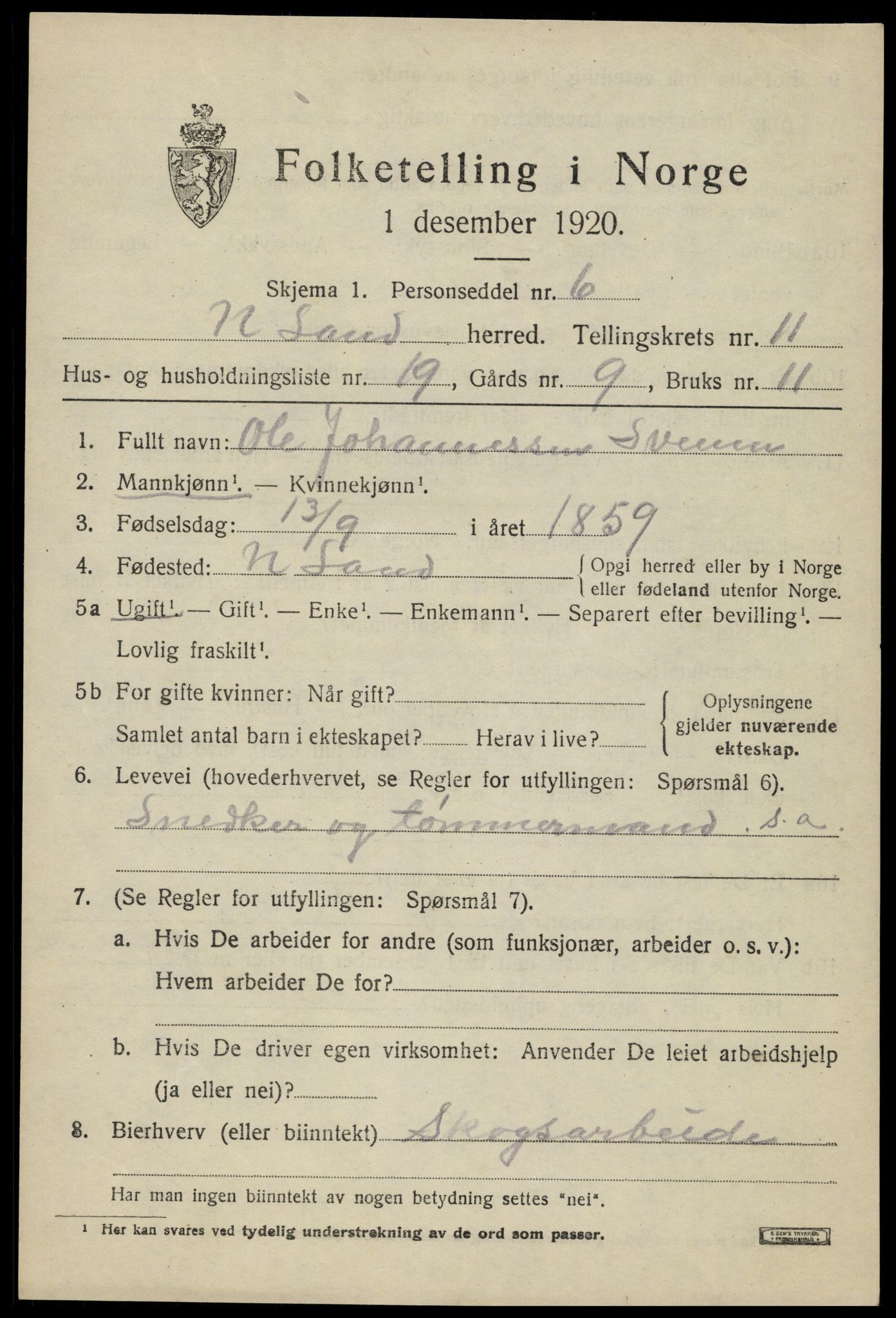 SAH, 1920 census for Nordre Land, 1920, p. 5828