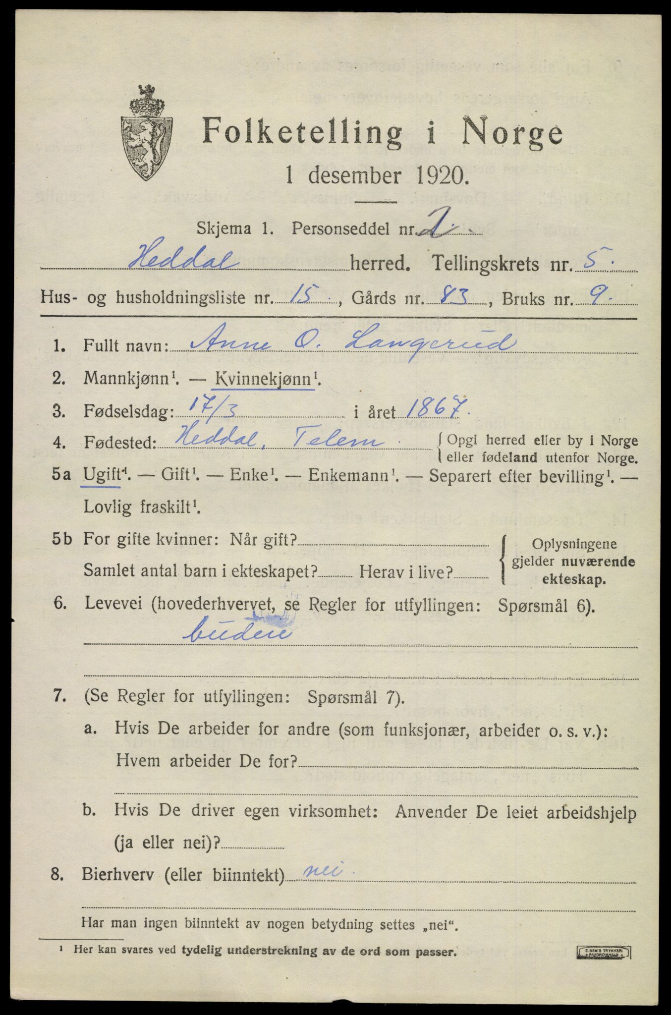 SAKO, 1920 census for Heddal, 1920, p. 4940