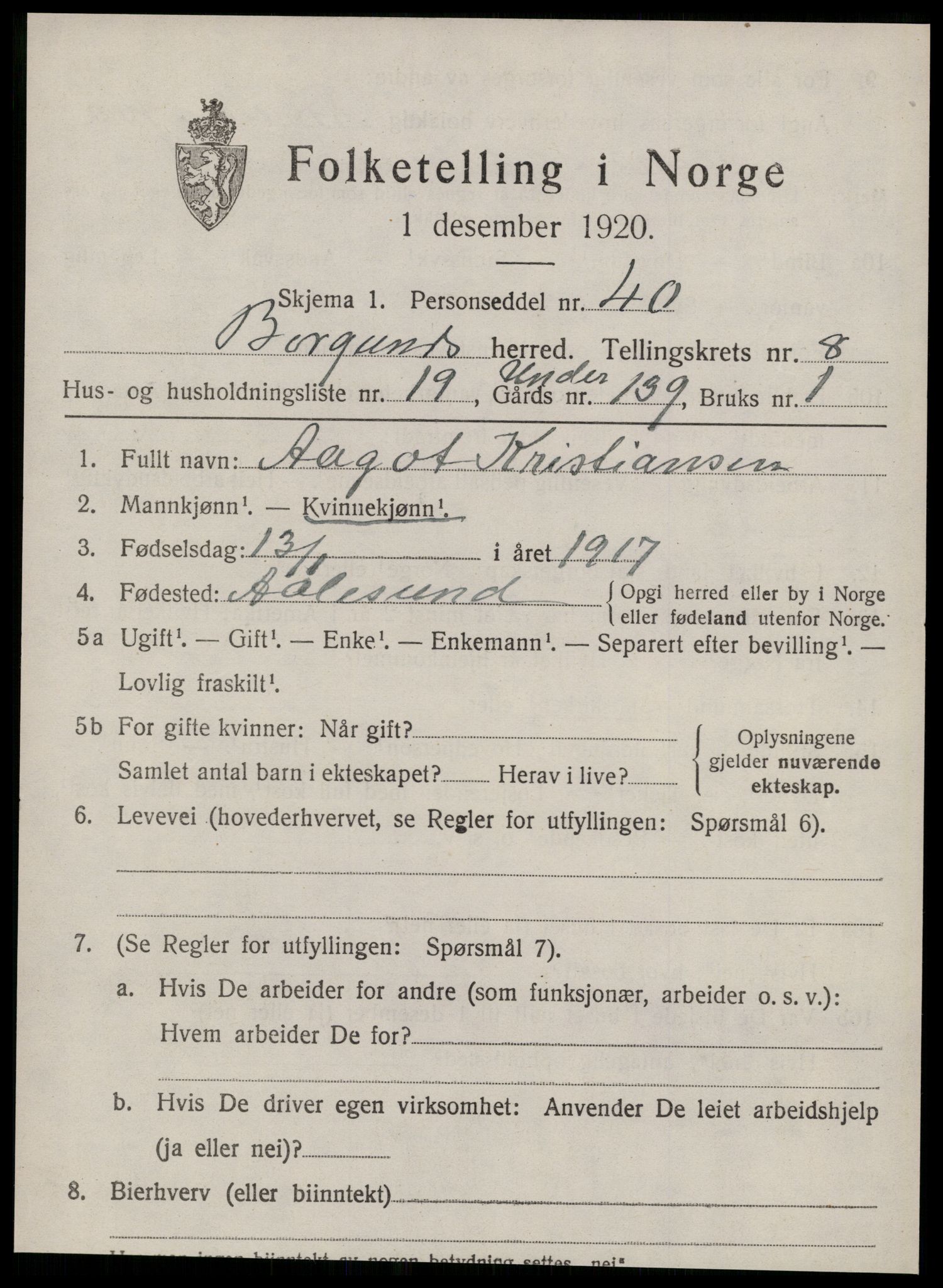 SAT, 1920 census for Borgund, 1920, p. 7412