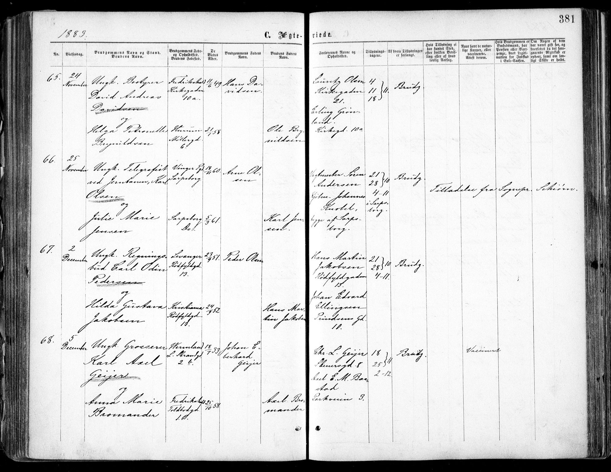 Oslo domkirke Kirkebøker, AV/SAO-A-10752/F/Fa/L0021: Parish register (official) no. 21, 1865-1884, p. 381