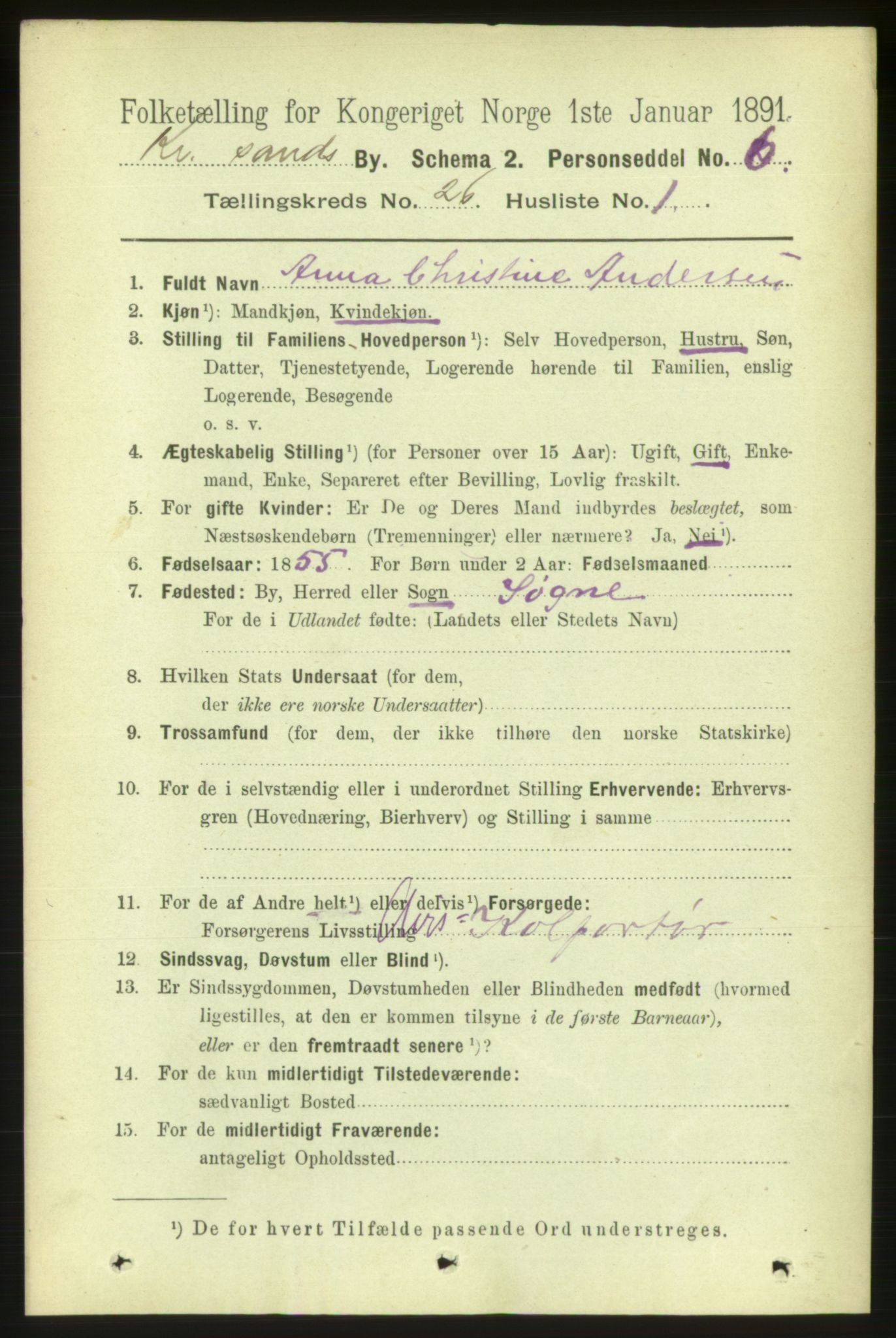 RA, 1891 census for 1001 Kristiansand, 1891, p. 8884