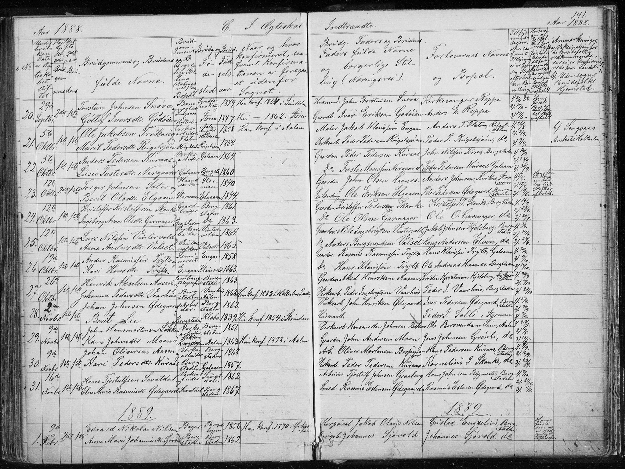 Ministerialprotokoller, klokkerbøker og fødselsregistre - Sør-Trøndelag, SAT/A-1456/681/L0940: Parish register (copy) no. 681C04, 1880-1895, p. 141