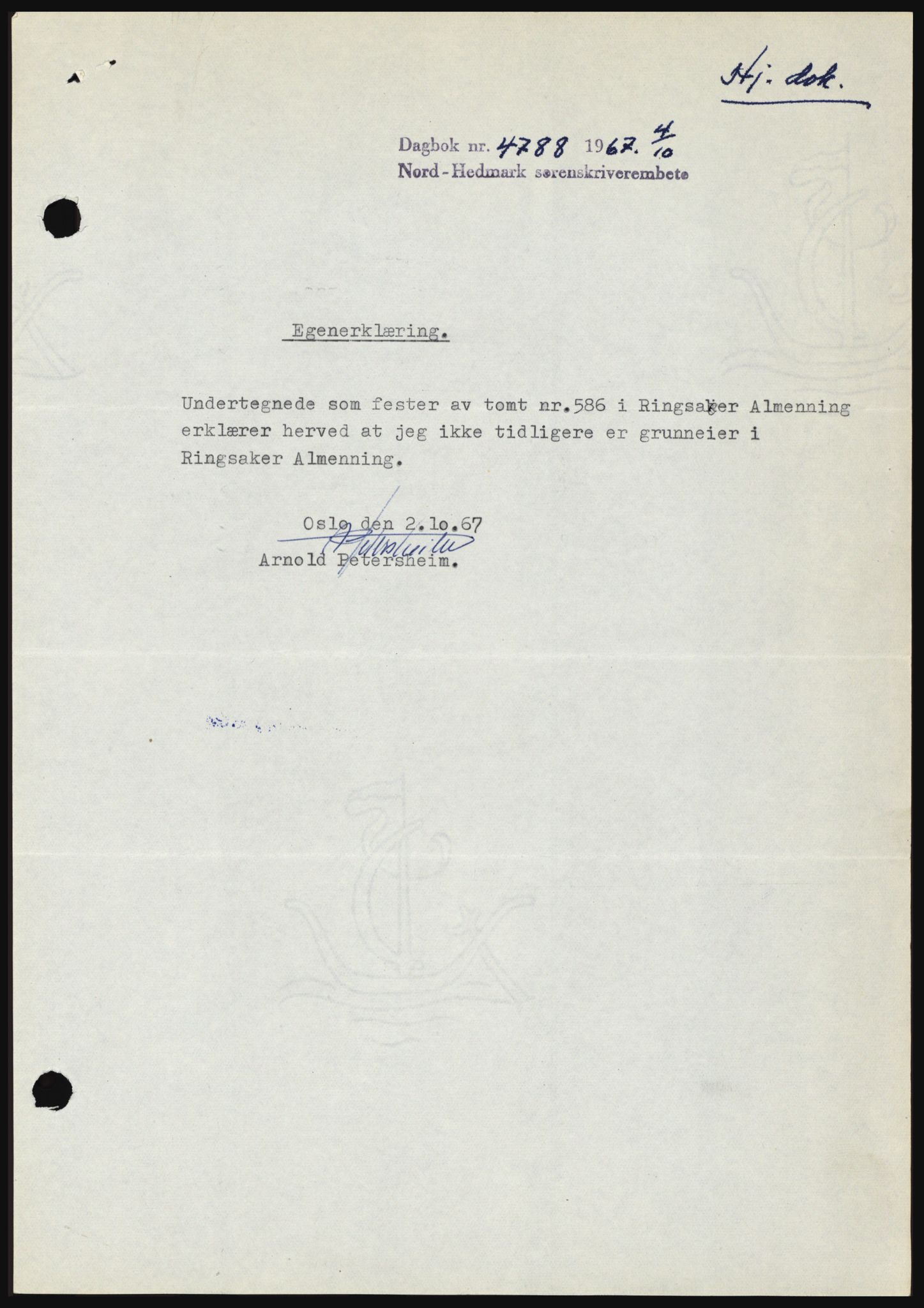 Nord-Hedmark sorenskriveri, SAH/TING-012/H/Hc/L0026: Mortgage book no. 26, 1967-1967, Diary no: : 4788/1967