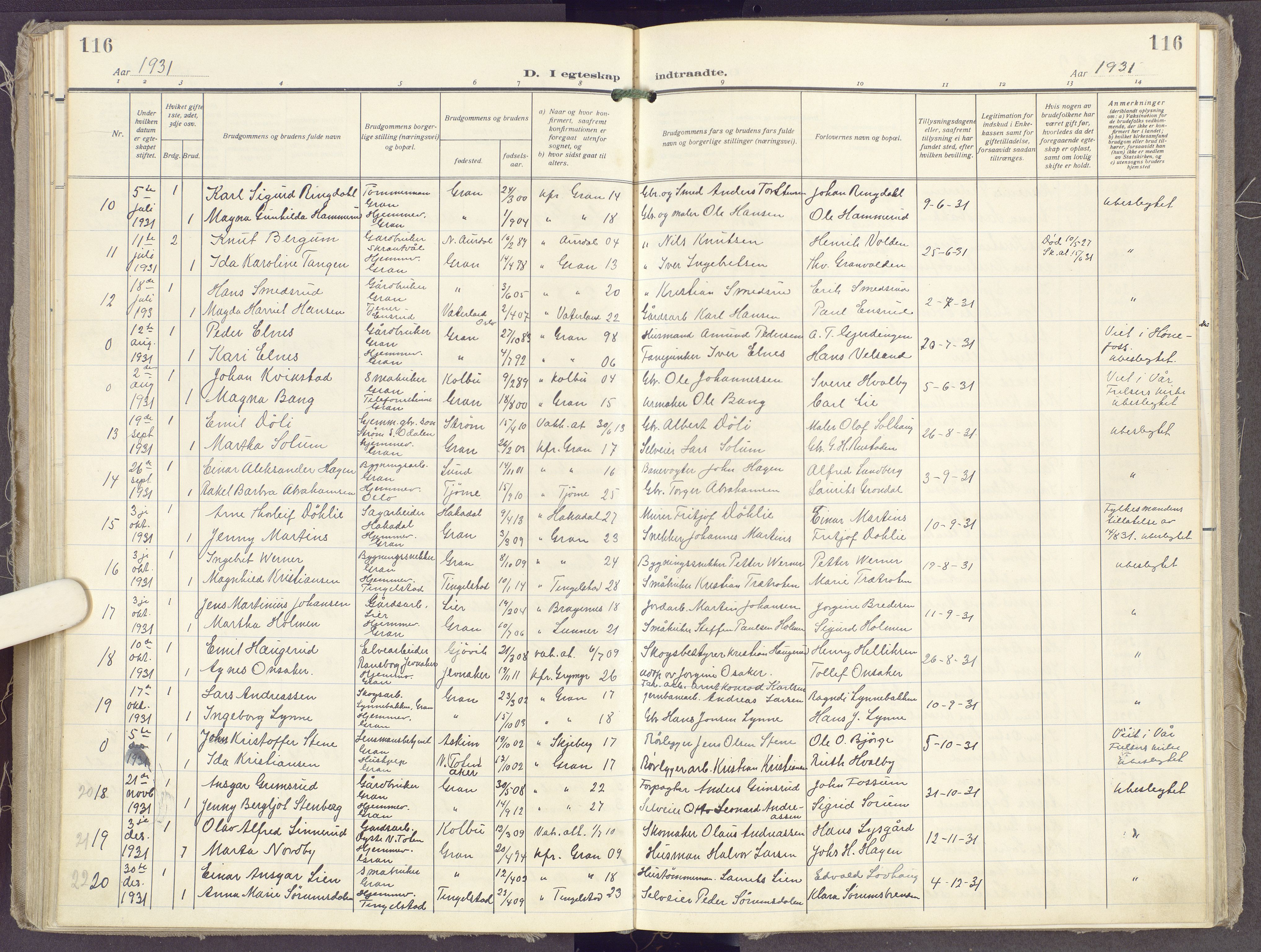 Gran prestekontor, SAH/PREST-112/H/Ha/Haa/L0023: Parish register (official) no. 23, 1919-1938, p. 116