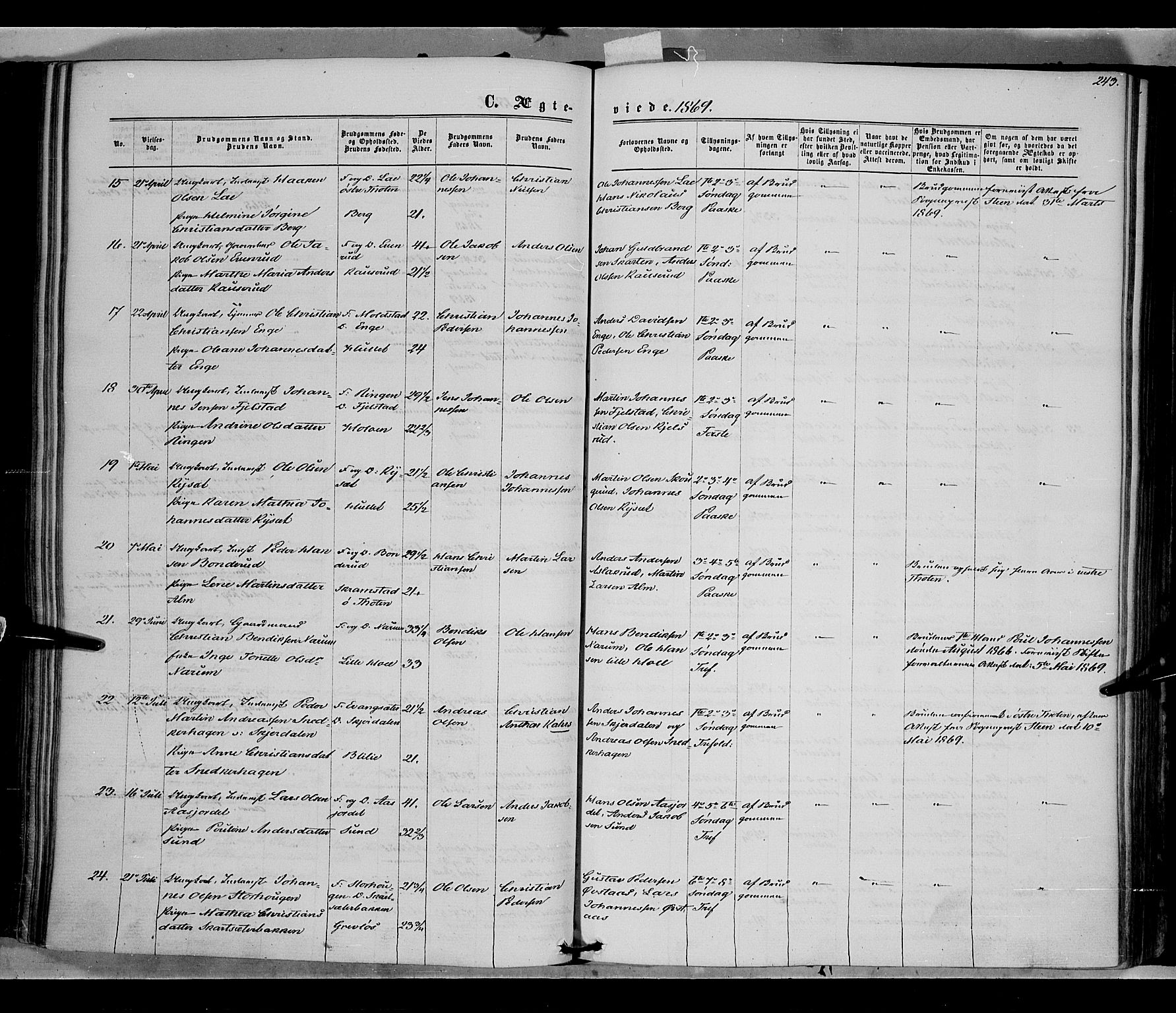 Vestre Toten prestekontor, AV/SAH-PREST-108/H/Ha/Haa/L0007: Parish register (official) no. 7, 1862-1869, p. 243