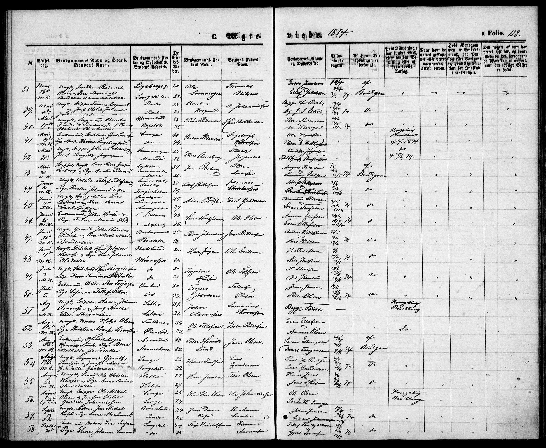 Tromøy sokneprestkontor, SAK/1111-0041/F/Fb/L0004: Parish register (copy) no. B 4, 1869-1877, p. 128