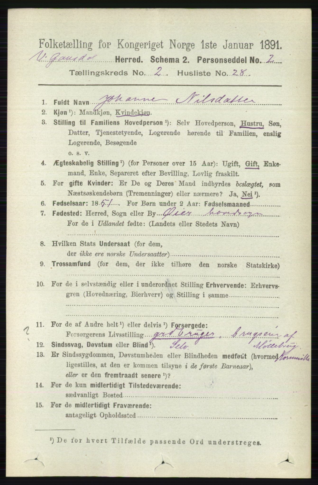 RA, 1891 census for 0523 Vestre Gausdal, 1891, p. 735