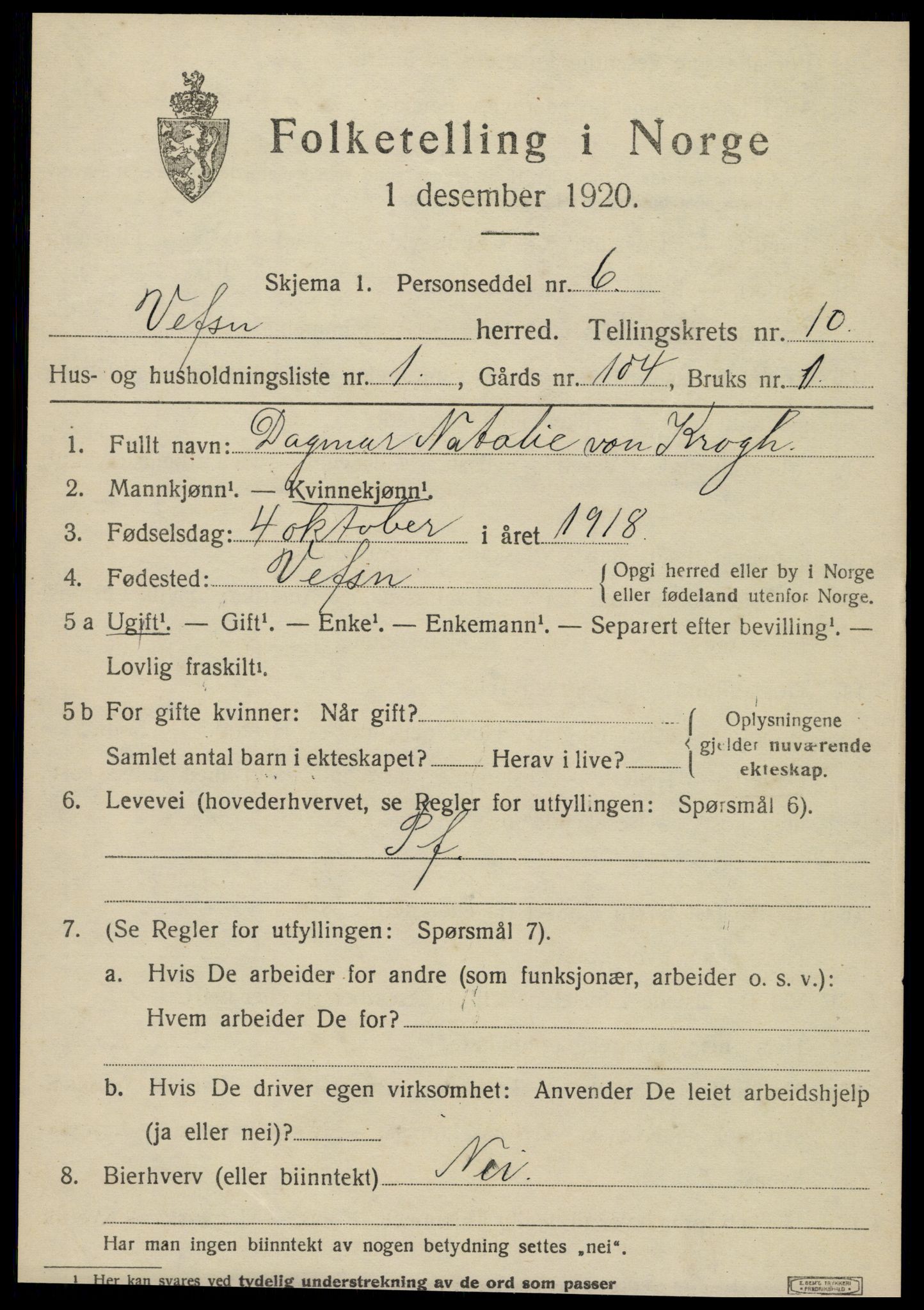 SAT, 1920 census for Vefsn, 1920, p. 6905