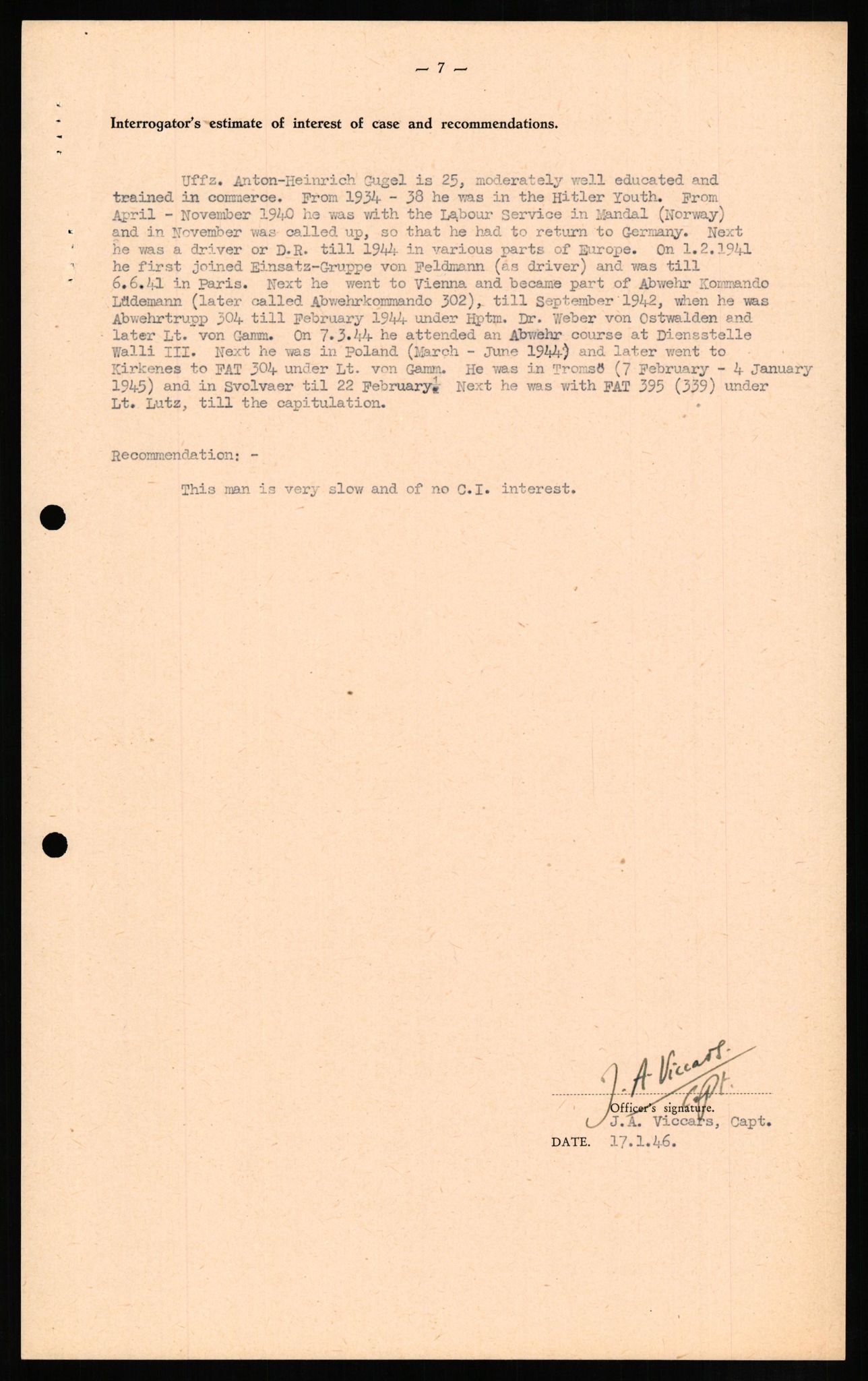 Forsvaret, Forsvarets overkommando II, AV/RA-RAFA-3915/D/Db/L0010: CI Questionaires. Tyske okkupasjonsstyrker i Norge. Tyskere., 1945-1946, p. 627