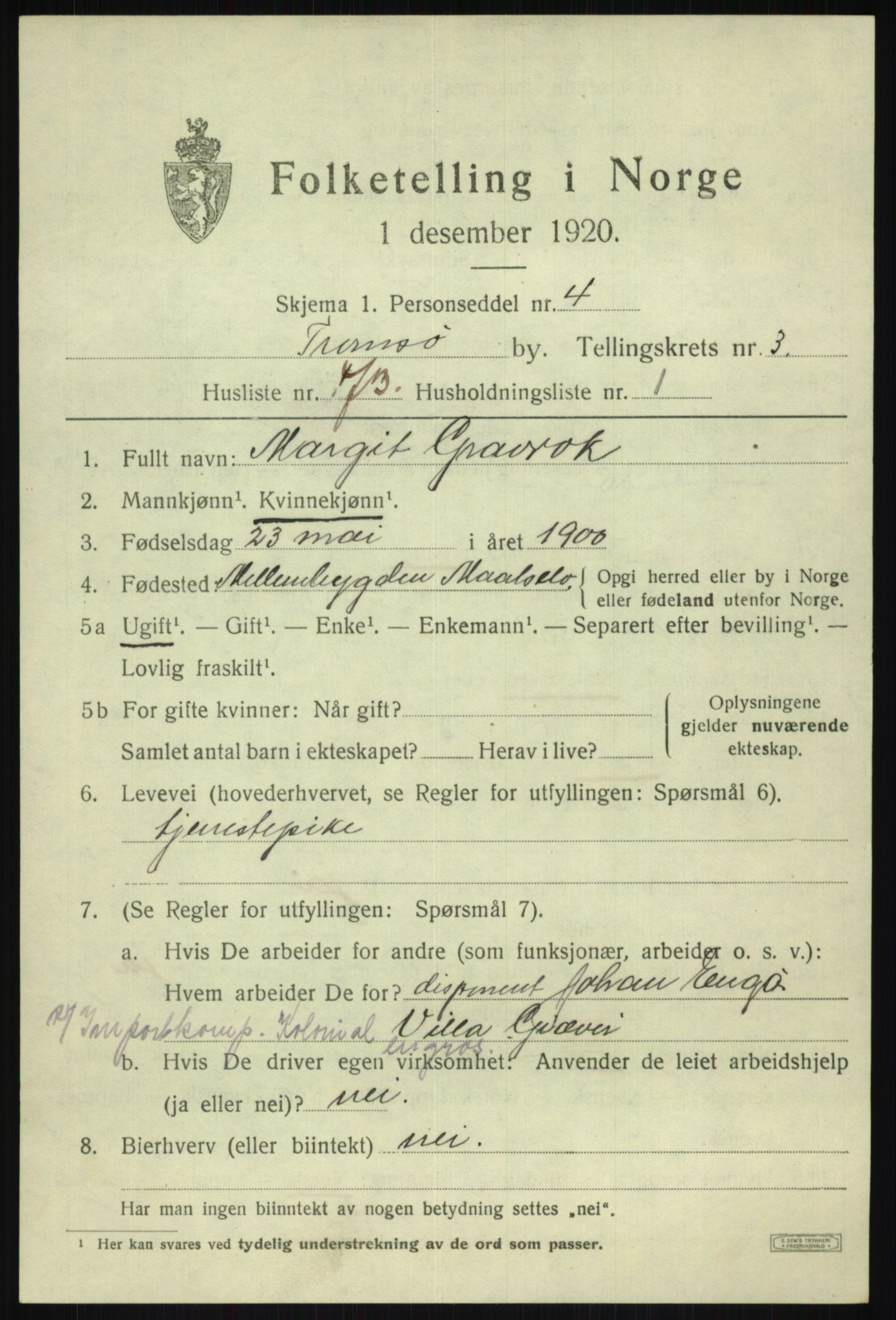 SATØ, 1920 census for Tromsø, 1920, p. 11589