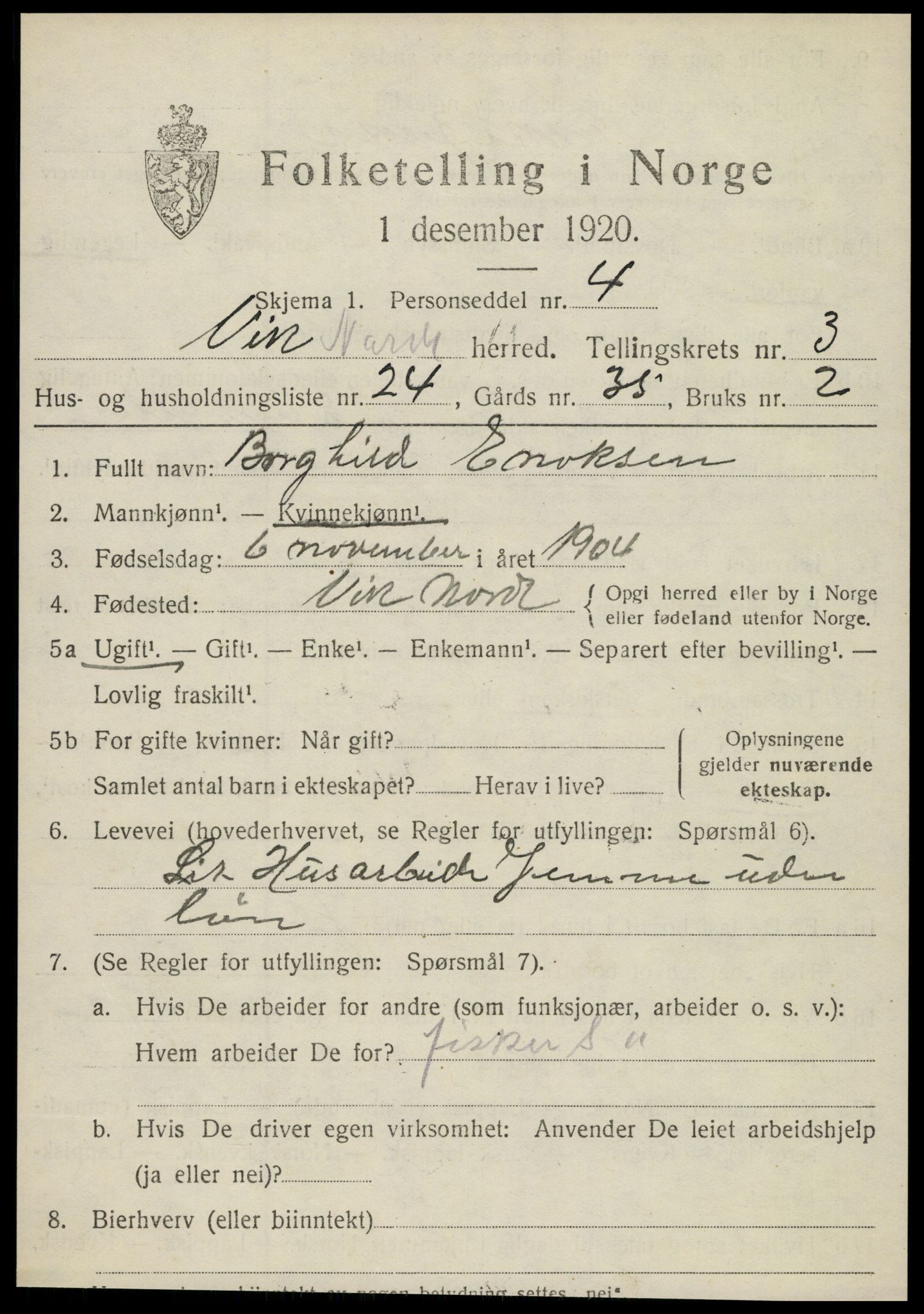 SAT, 1920 census for Vik, 1920, p. 1823