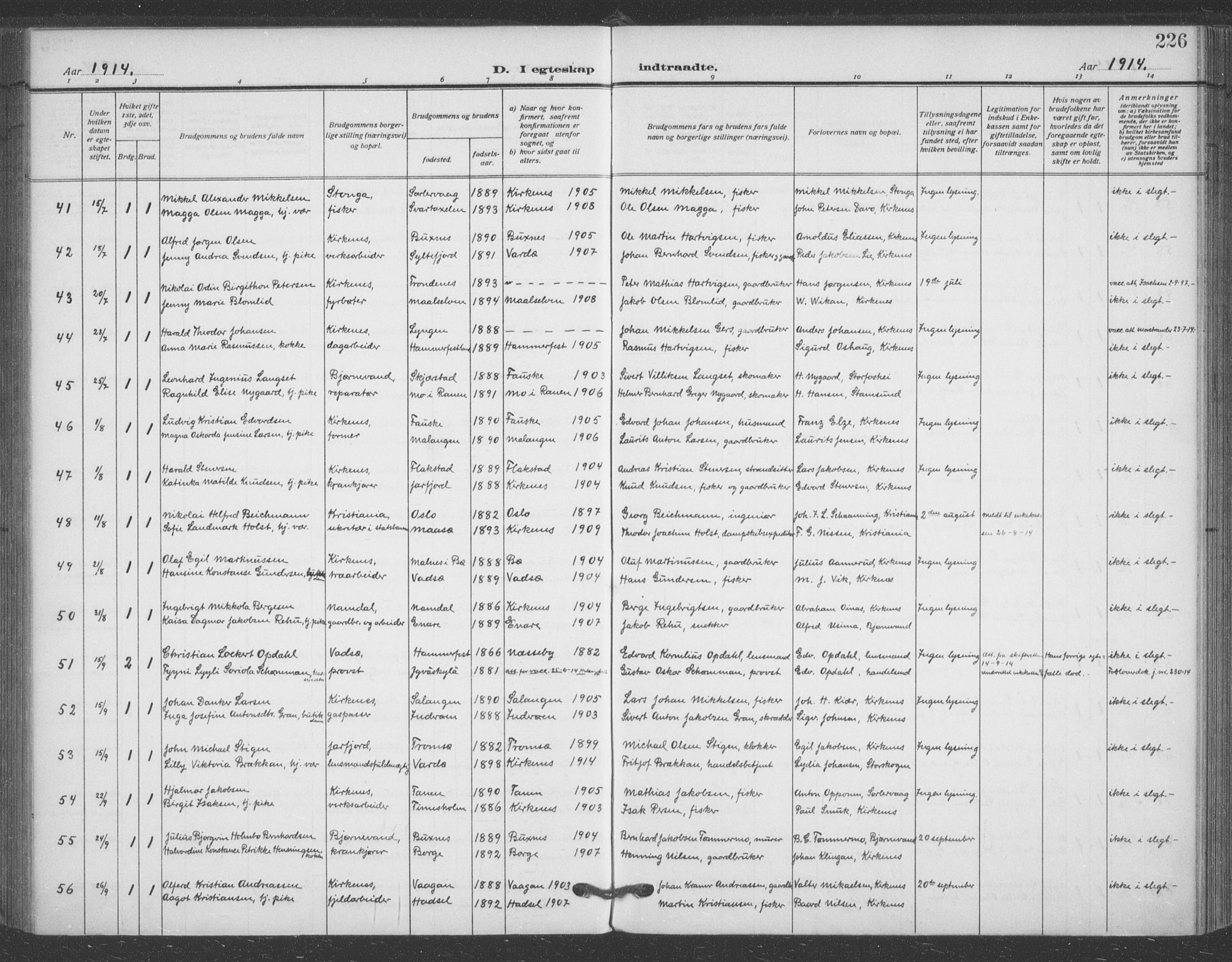 Sør-Varanger sokneprestkontor, AV/SATØ-S-1331/H/Ha/L0005kirke: Parish register (official) no. 5, 1909-1919, p. 226