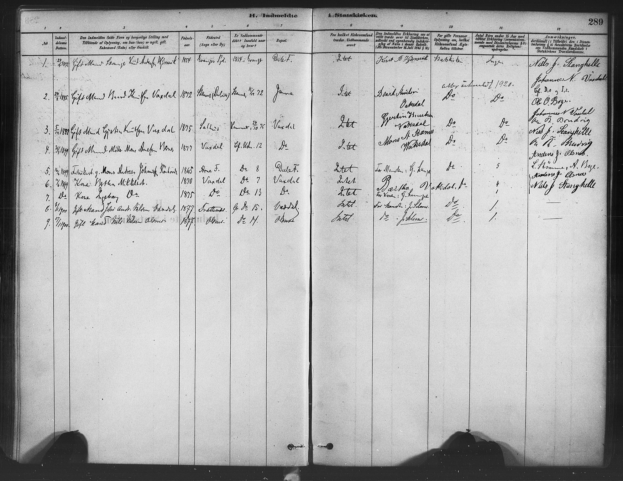 Bruvik Sokneprestembete, SAB/A-74701/H/Haa: Parish register (official) no. B 1, 1878-1904, p. 289
