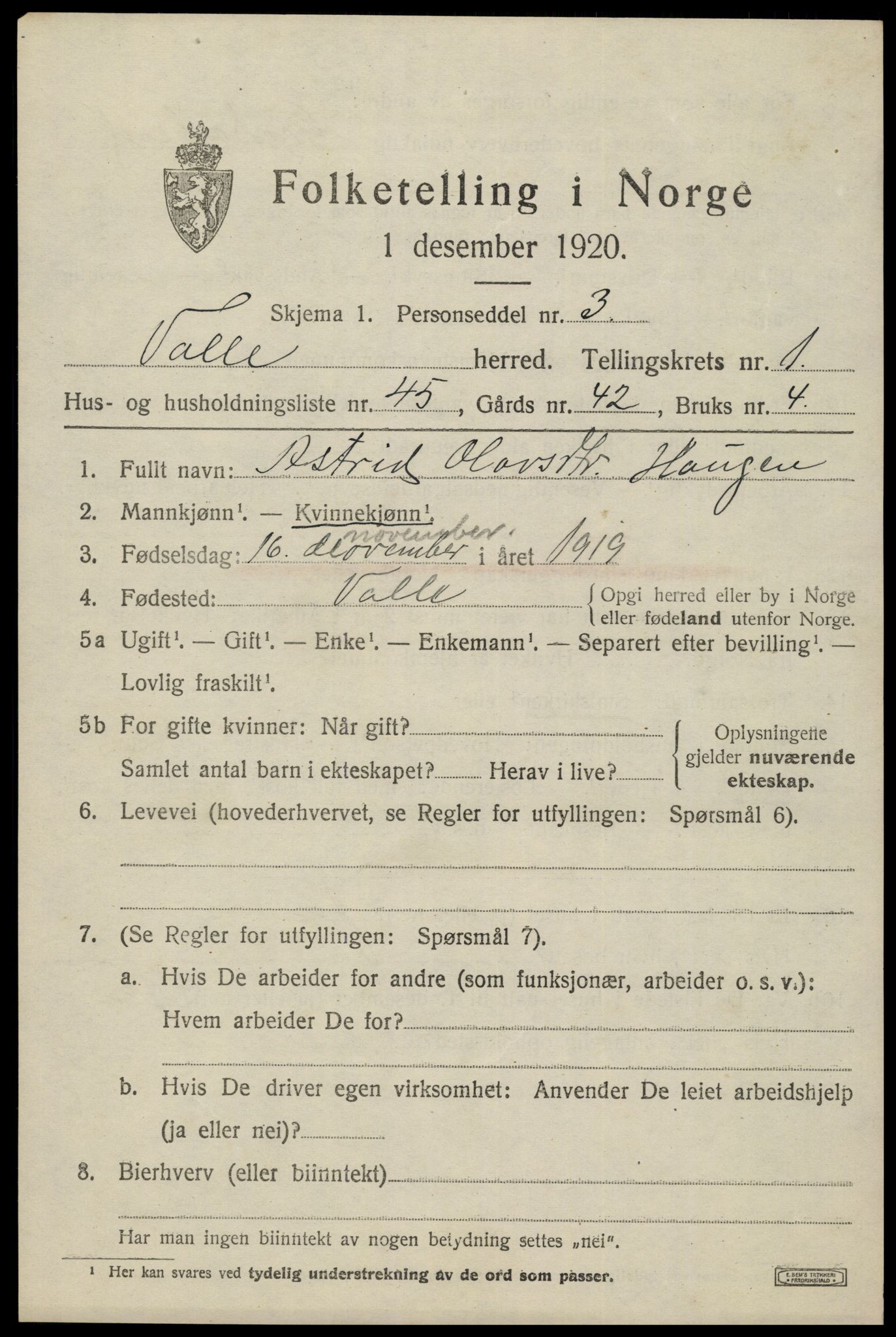 SAK, 1920 census for Valle, 1920, p. 951