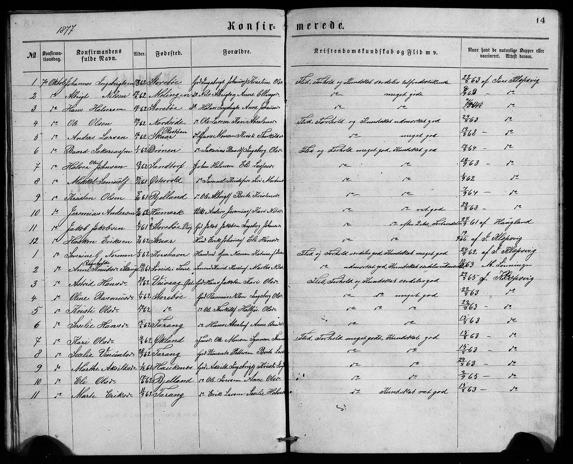 Austevoll Sokneprestembete, SAB/A-74201/H/Hab: Parish register (copy) no. A 1, 1877-1879, p. 14