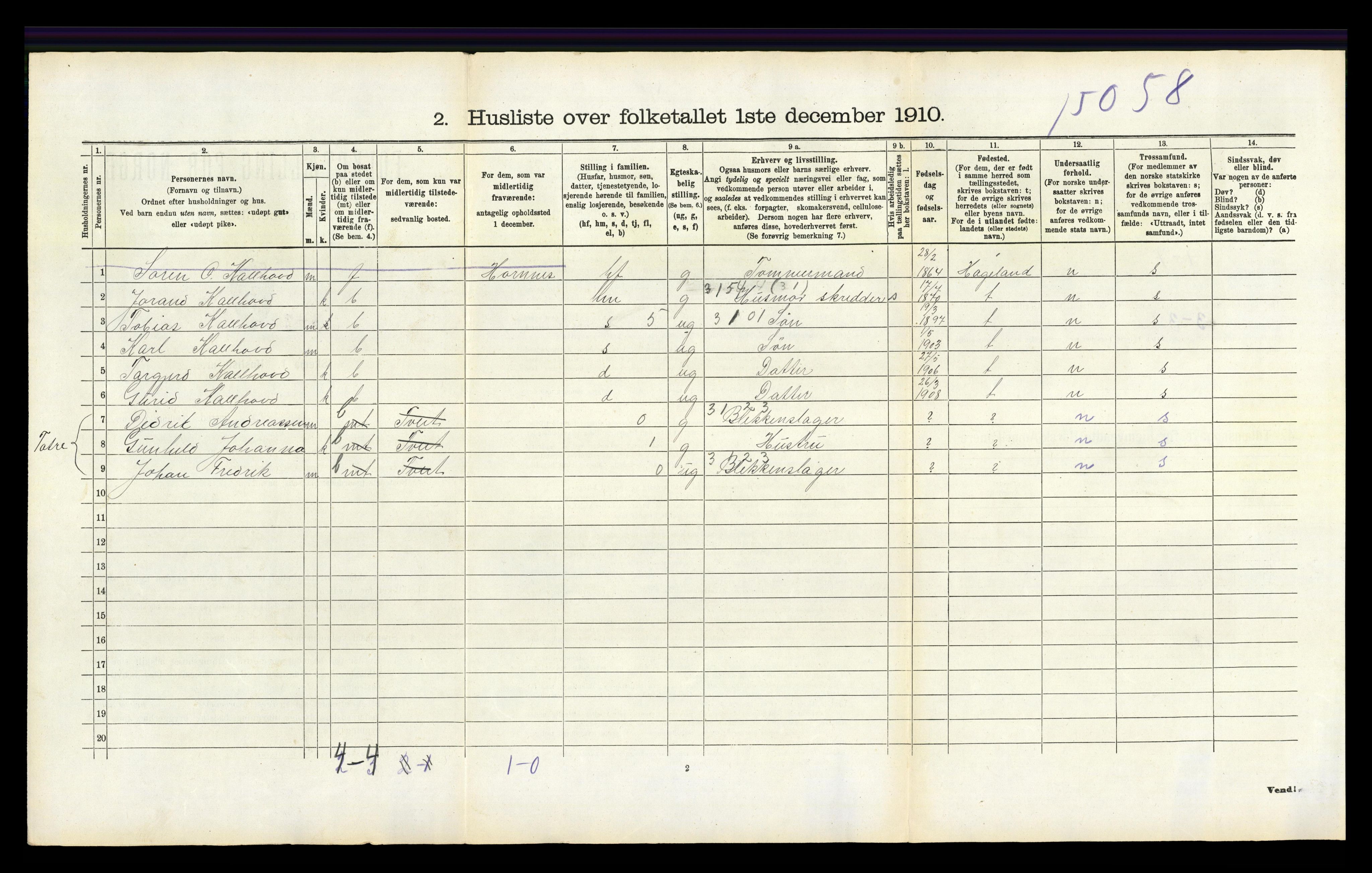 RA, 1910 census for Hornnes, 1910, p. 215