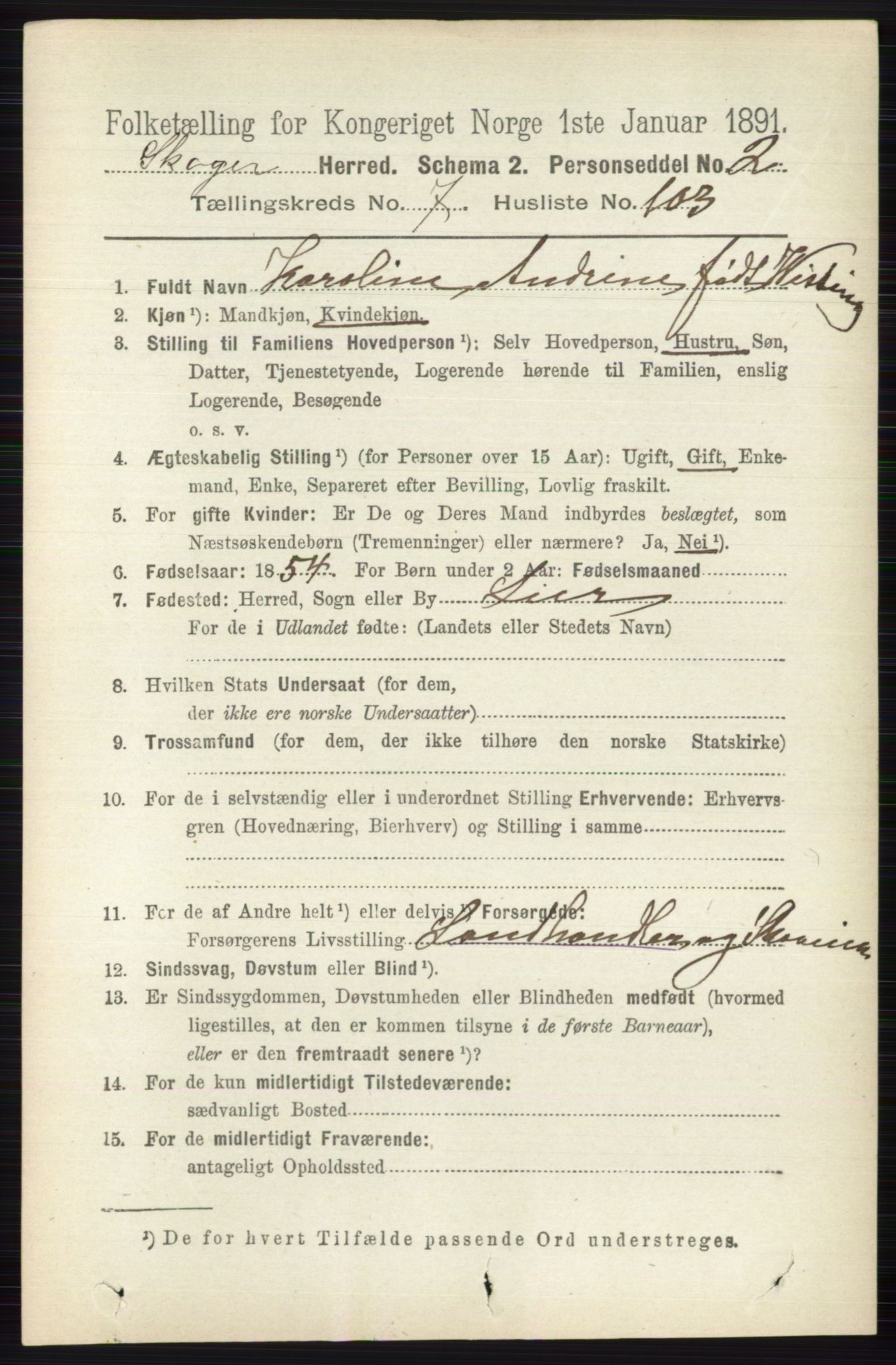 RA, 1891 census for 0712 Skoger, 1891, p. 4307