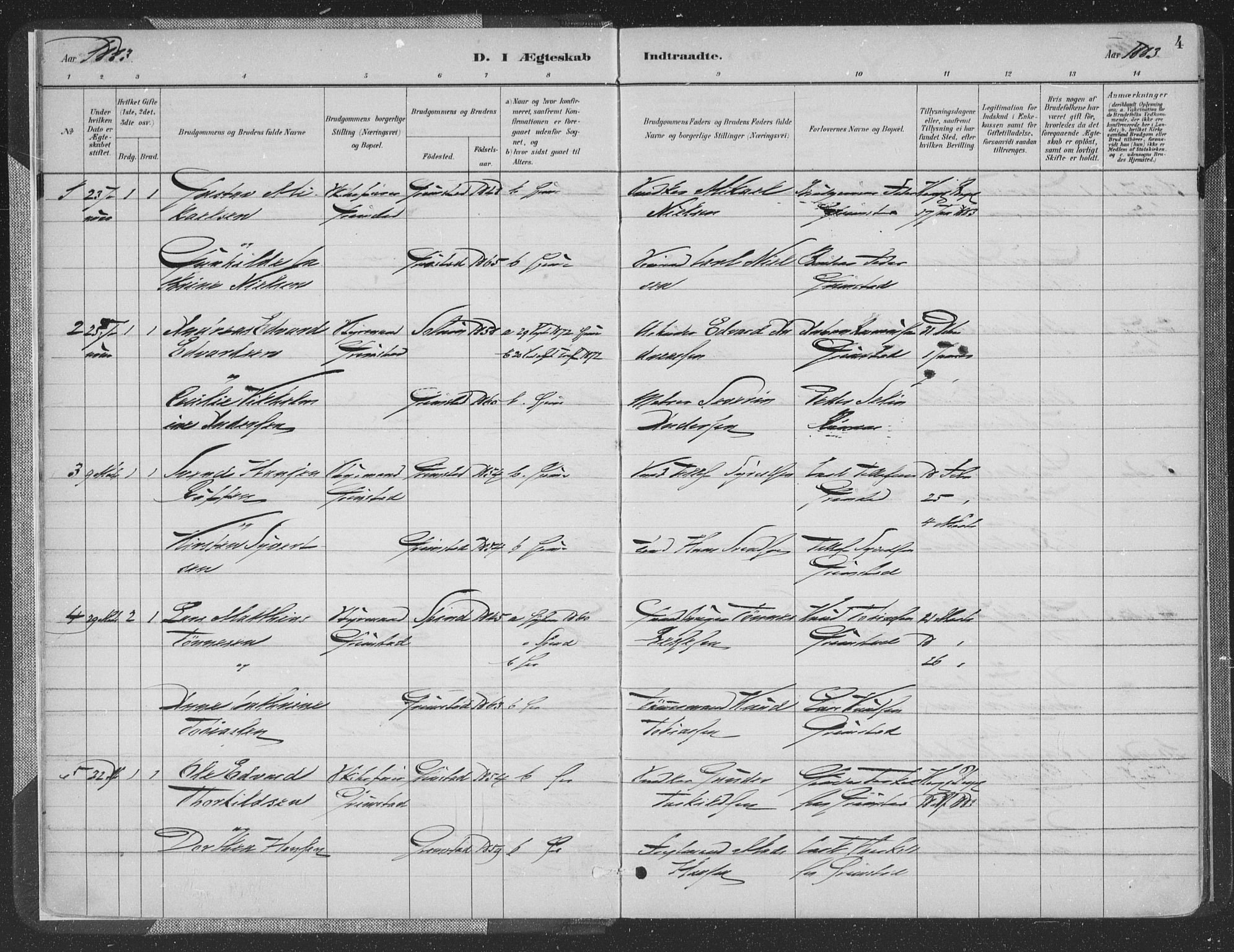 Grimstad sokneprestkontor, SAK/1111-0017/F/Fa/L0004: Parish register (official) no. A 3, 1882-1910, p. 4