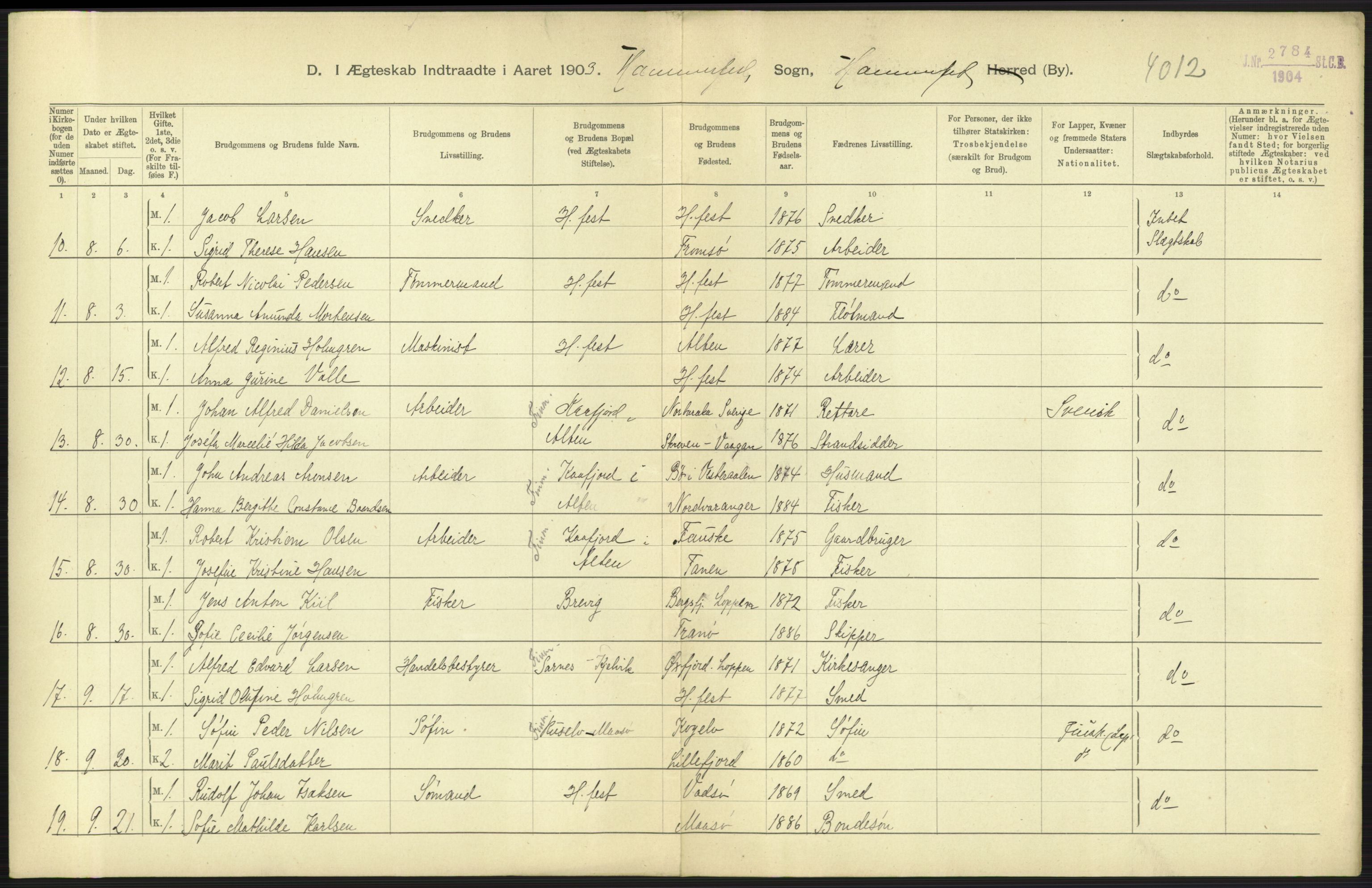 Statistisk sentralbyrå, Sosiodemografiske emner, Befolkning, AV/RA-S-2228/D/Df/Dfa/Dfaa/L0022: Finnmarkens amt: Fødte, gifte, døde., 1903, p. 203