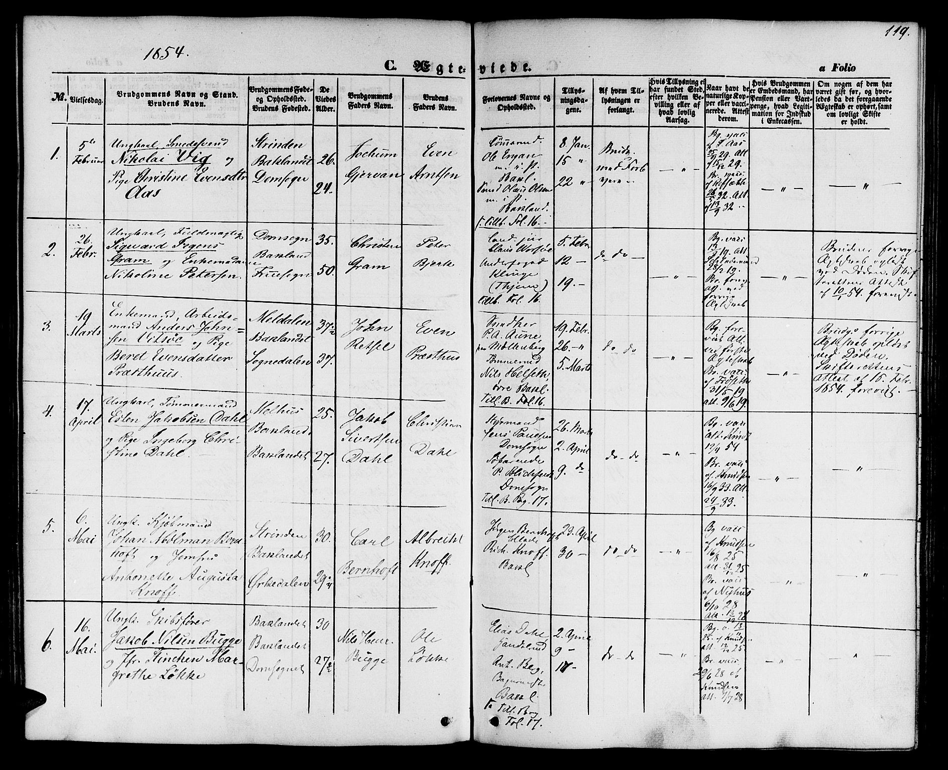 Ministerialprotokoller, klokkerbøker og fødselsregistre - Sør-Trøndelag, SAT/A-1456/604/L0184: Parish register (official) no. 604A05, 1851-1860, p. 119