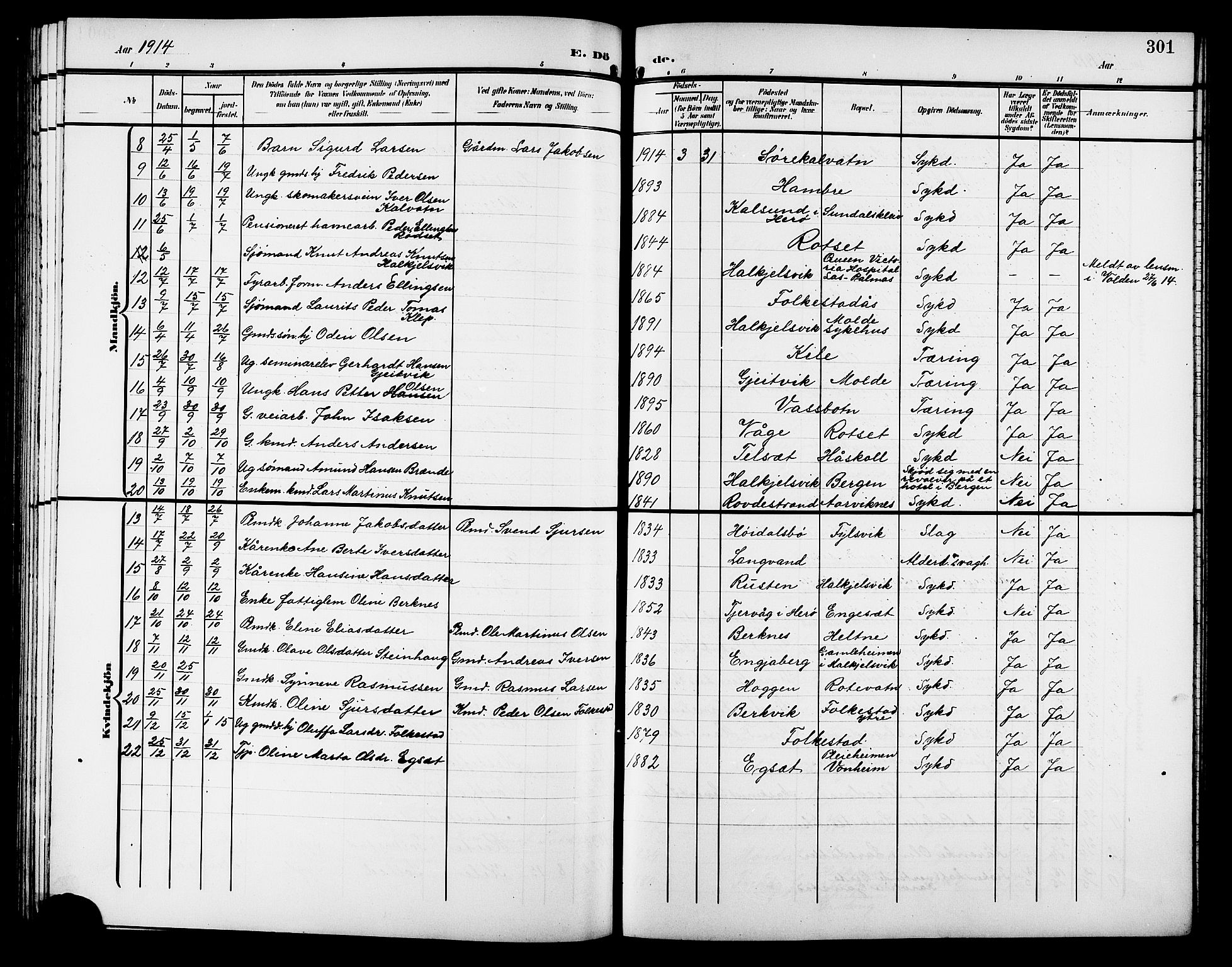 Ministerialprotokoller, klokkerbøker og fødselsregistre - Møre og Romsdal, SAT/A-1454/511/L0159: Parish register (copy) no. 511C05, 1902-1920, p. 301