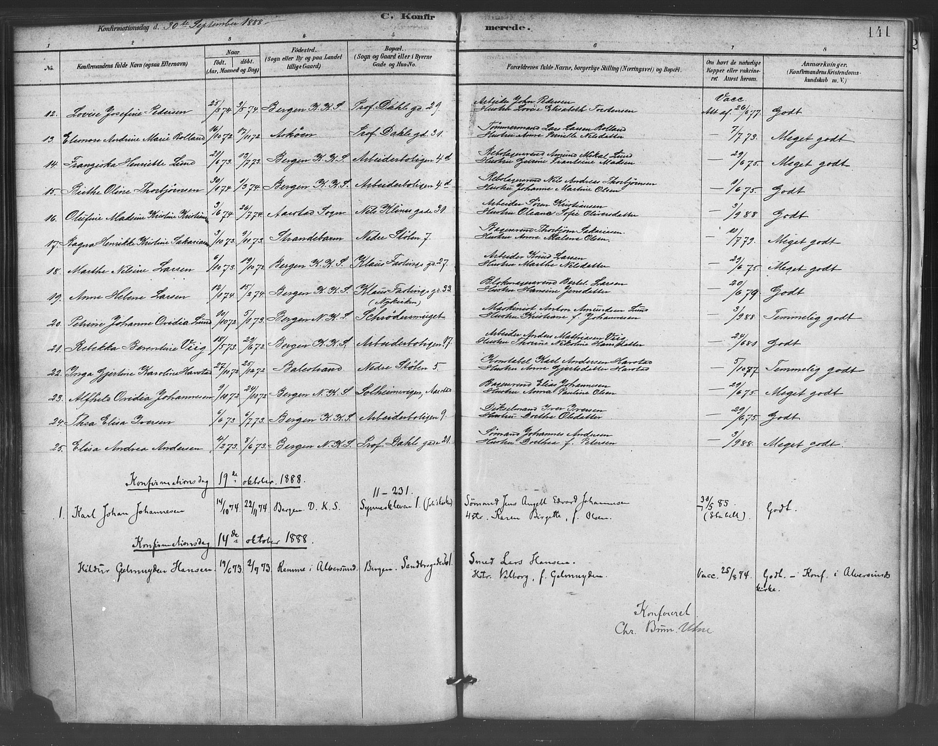 Mariakirken Sokneprestembete, SAB/A-76901/H/Haa/L0007: Parish register (official) no. A 7, 1878-1893, p. 141