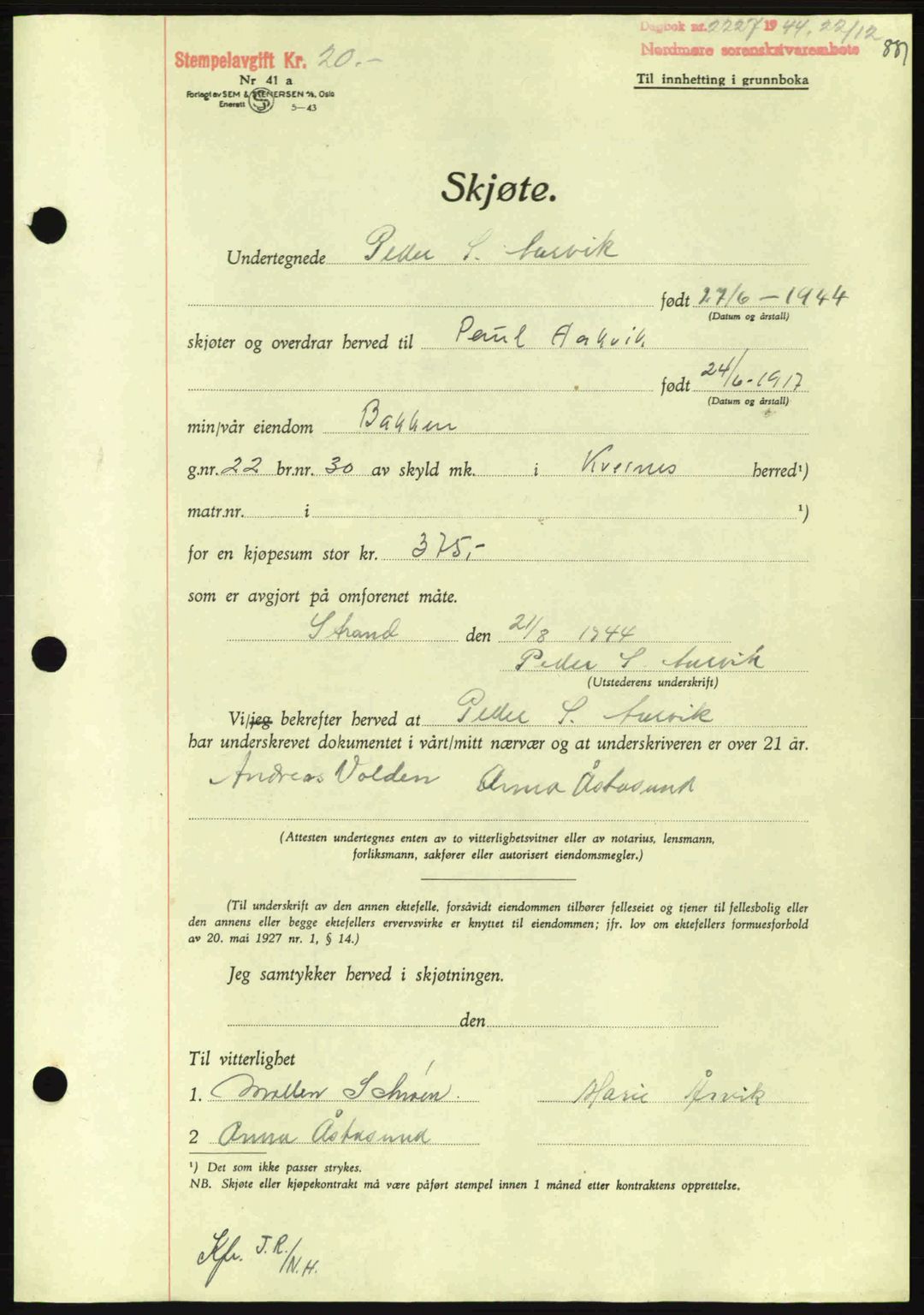 Nordmøre sorenskriveri, AV/SAT-A-4132/1/2/2Ca: Mortgage book no. A98, 1944-1944, Diary no: : 2227/1944