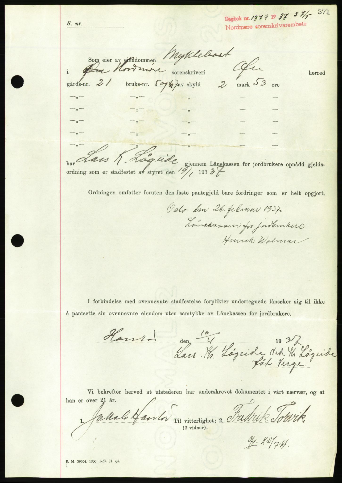 Nordmøre sorenskriveri, AV/SAT-A-4132/1/2/2Ca/L0091: Mortgage book no. B81, 1937-1937, Diary no: : 1379/1937