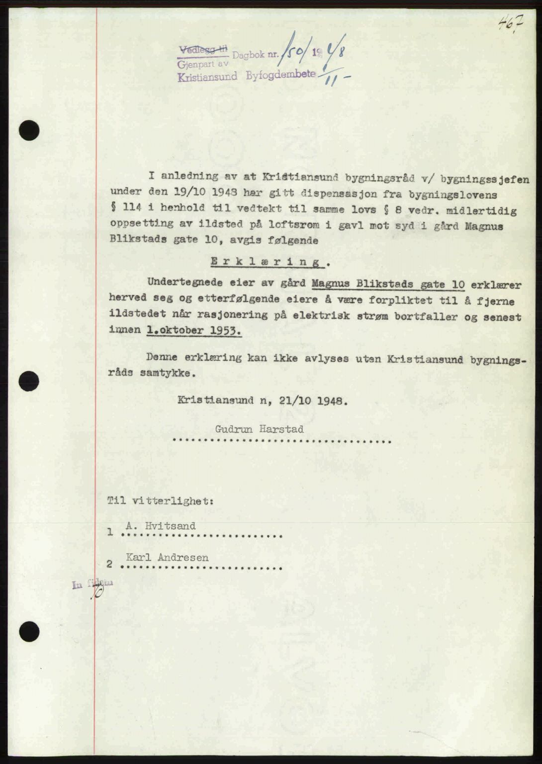 Kristiansund byfogd, AV/SAT-A-4587/A/27: Mortgage book no. 44, 1947-1948, Diary no: : 1501/1948