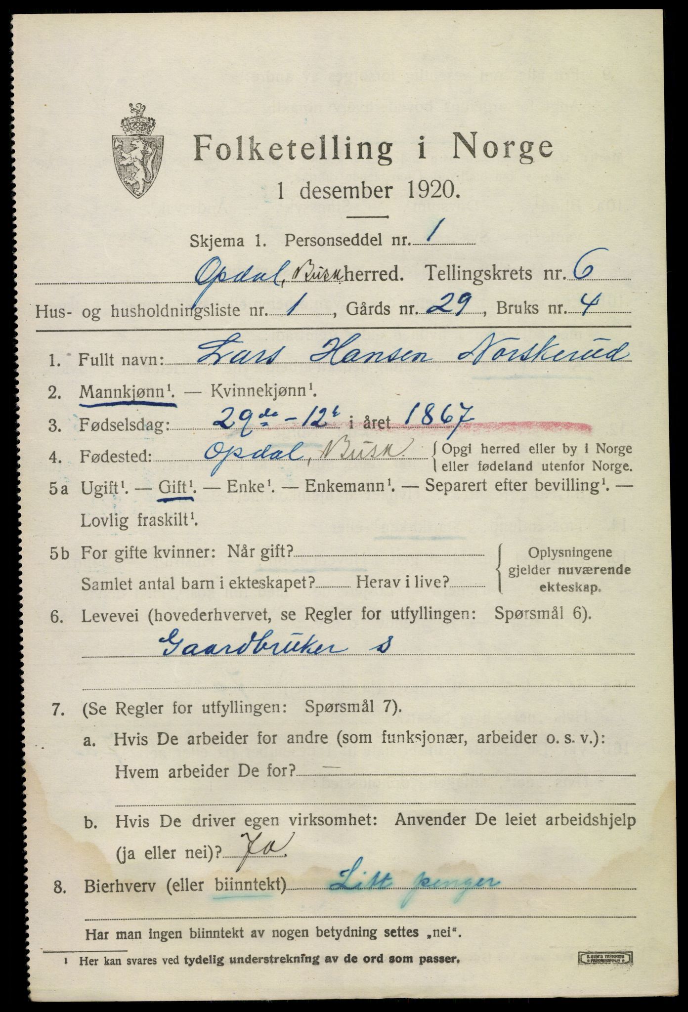 SAKO, 1920 census for Uvdal, 1920, p. 2553