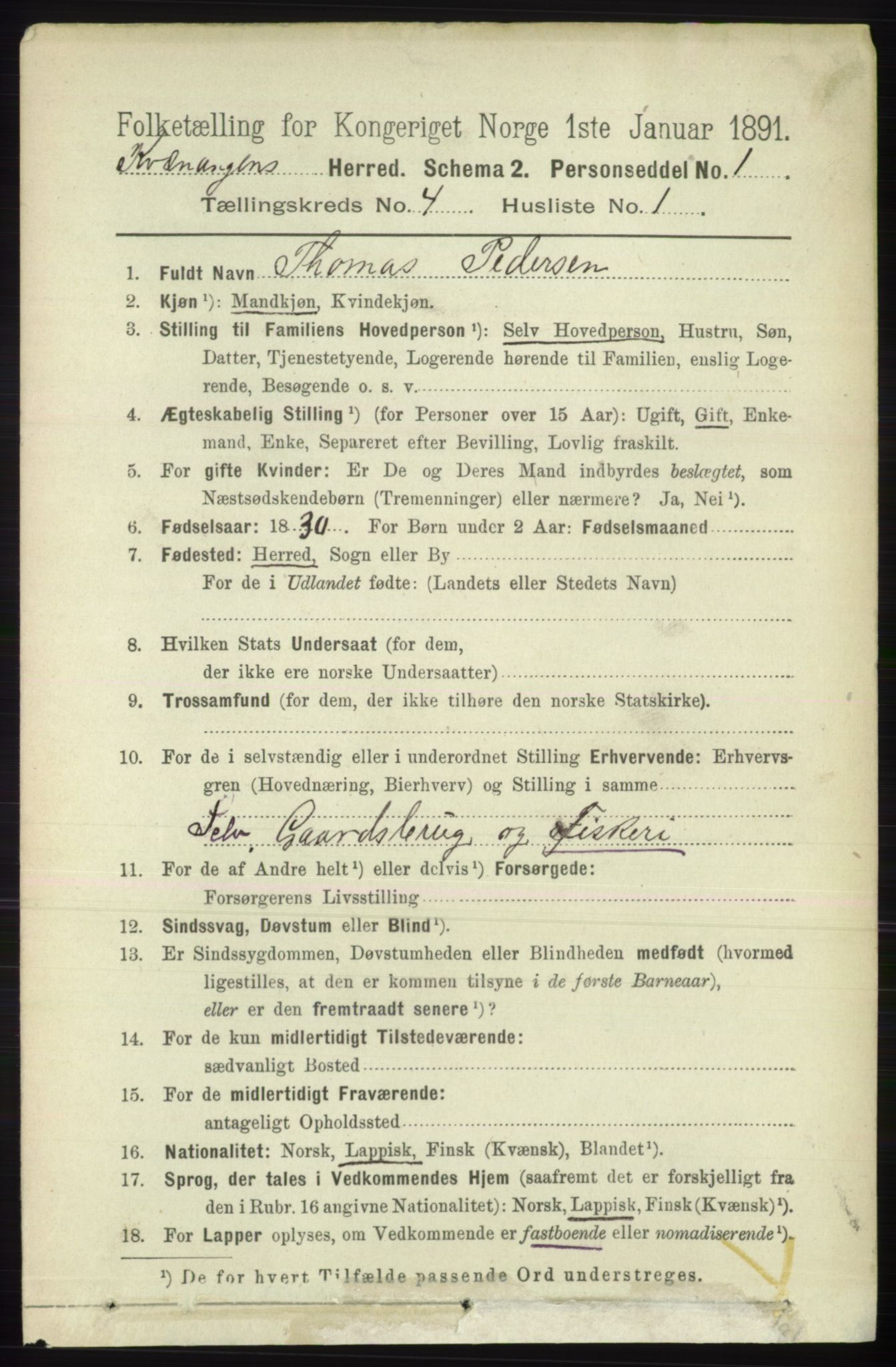 RA, 1891 census for 1943 Kvænangen, 1891, p. 1542