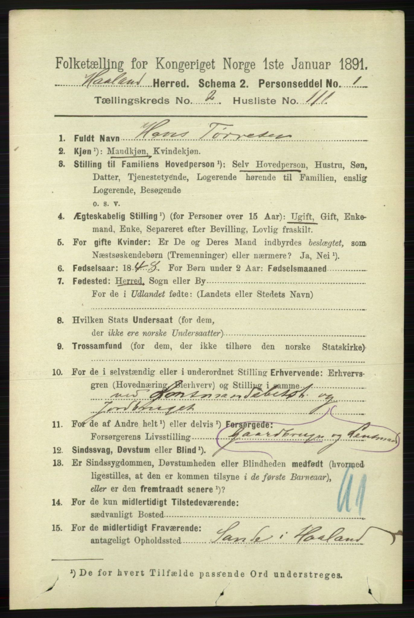 RA, 1891 census for 1124 Haaland, 1891, p. 1600