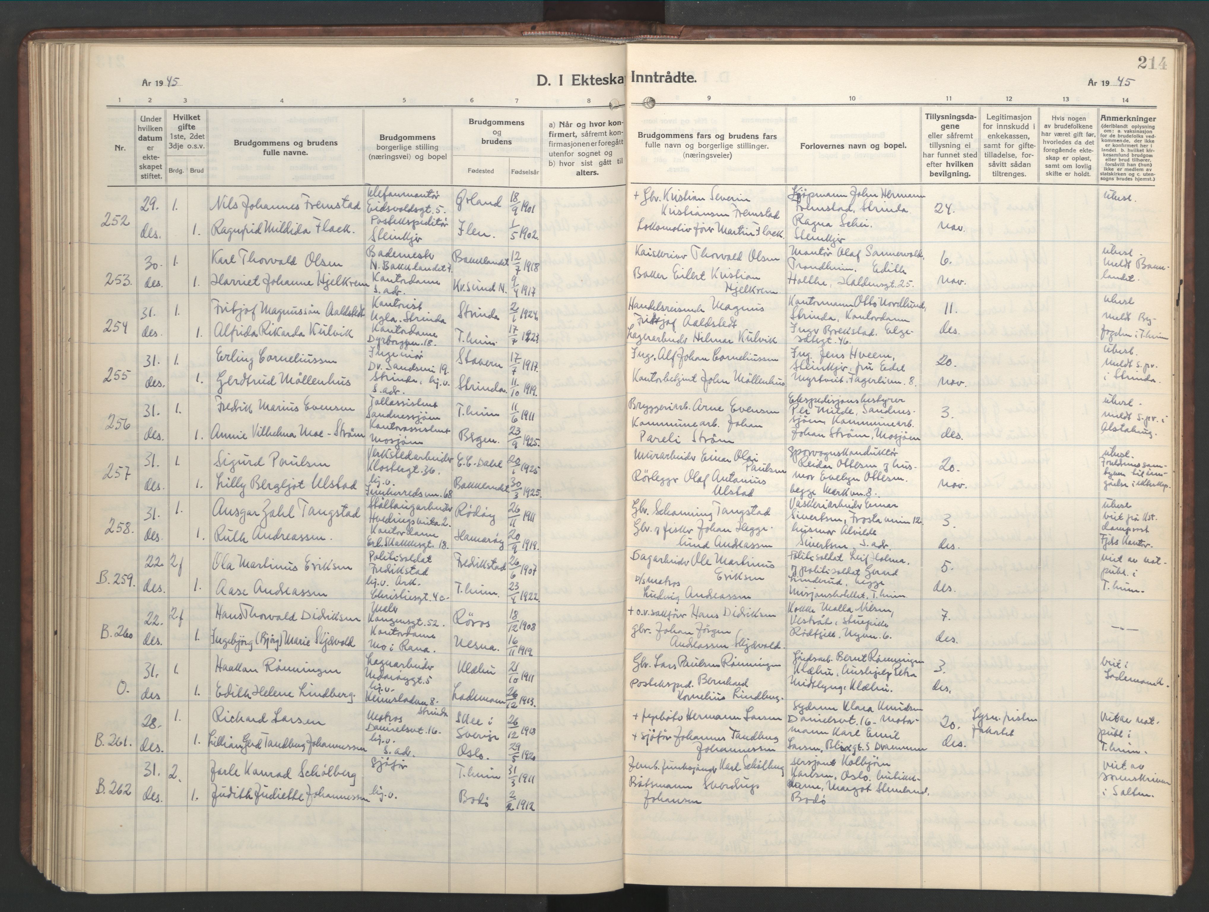 Ministerialprotokoller, klokkerbøker og fødselsregistre - Sør-Trøndelag, SAT/A-1456/601/L0101: Parish register (copy) no. 601C19, 1935-1946, p. 214