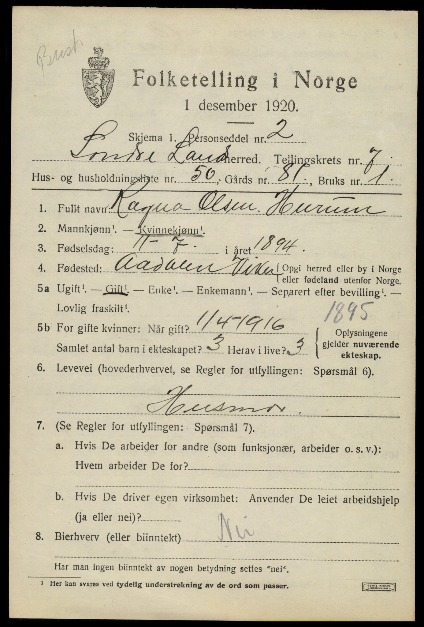 SAH, 1920 census for Søndre Land, 1920, p. 7567