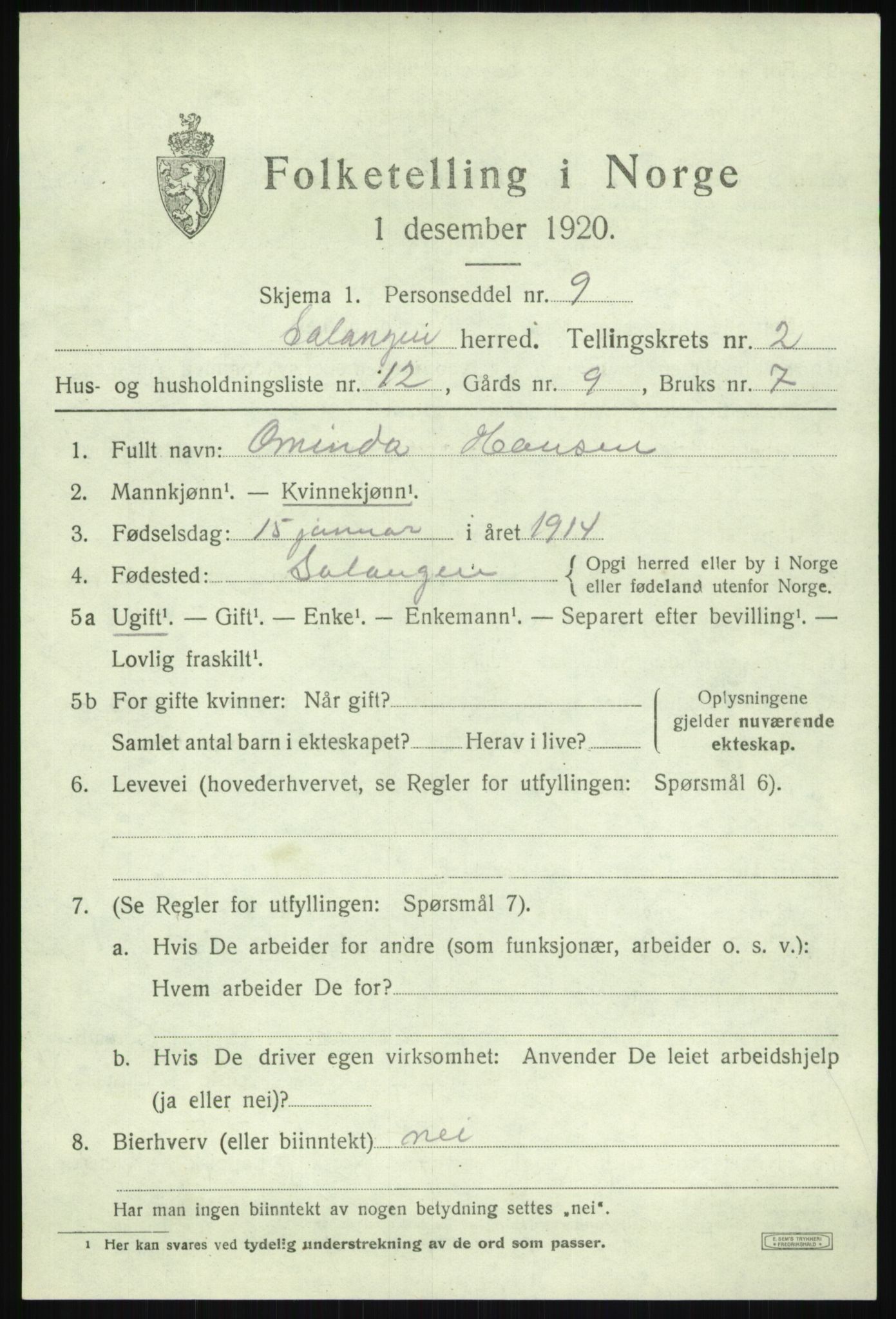 SATØ, 1920 census for Salangen, 1920, p. 1326