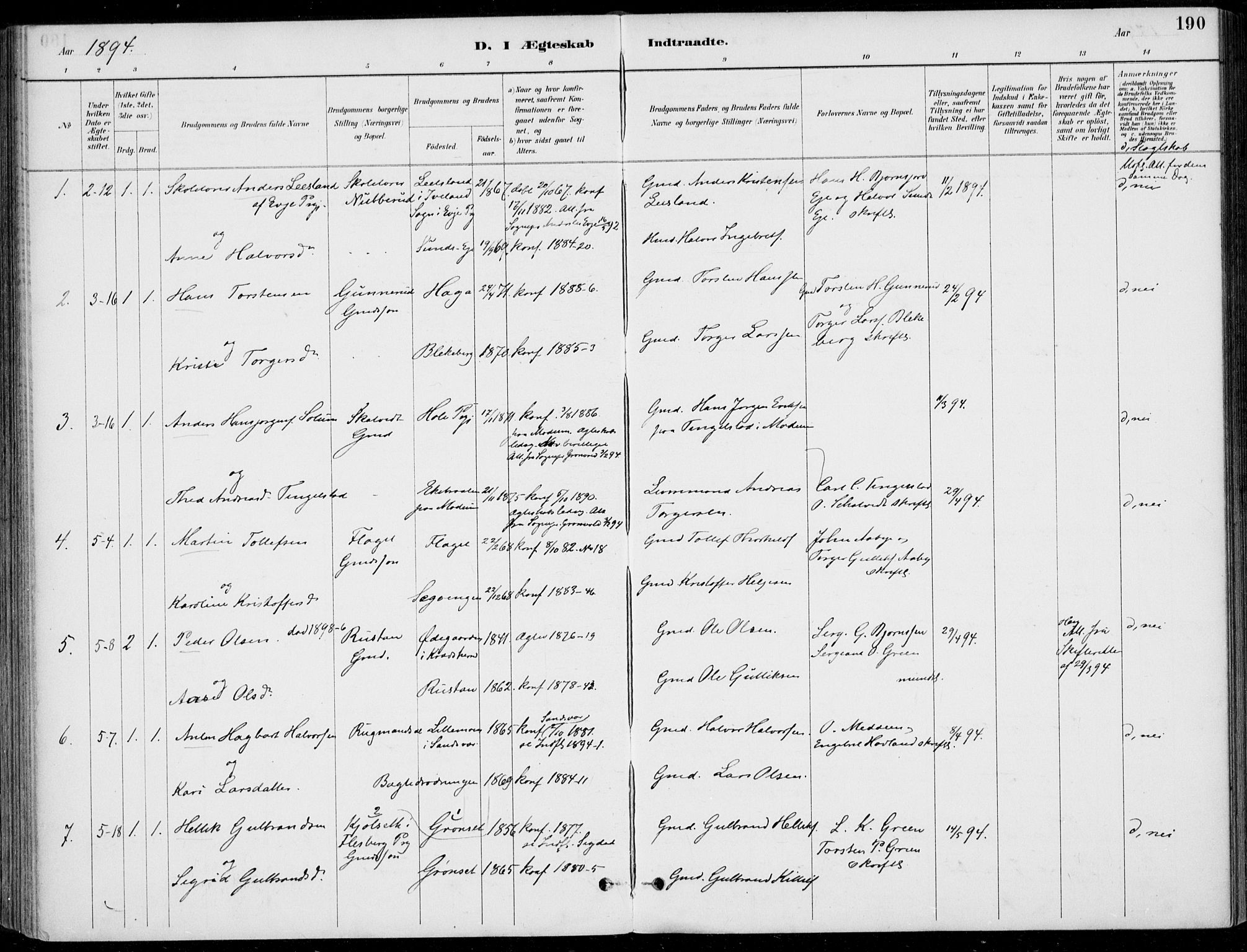 Sigdal kirkebøker, AV/SAKO-A-245/F/Fb/L0001: Parish register (official) no. II 1, 1888-1900, p. 190