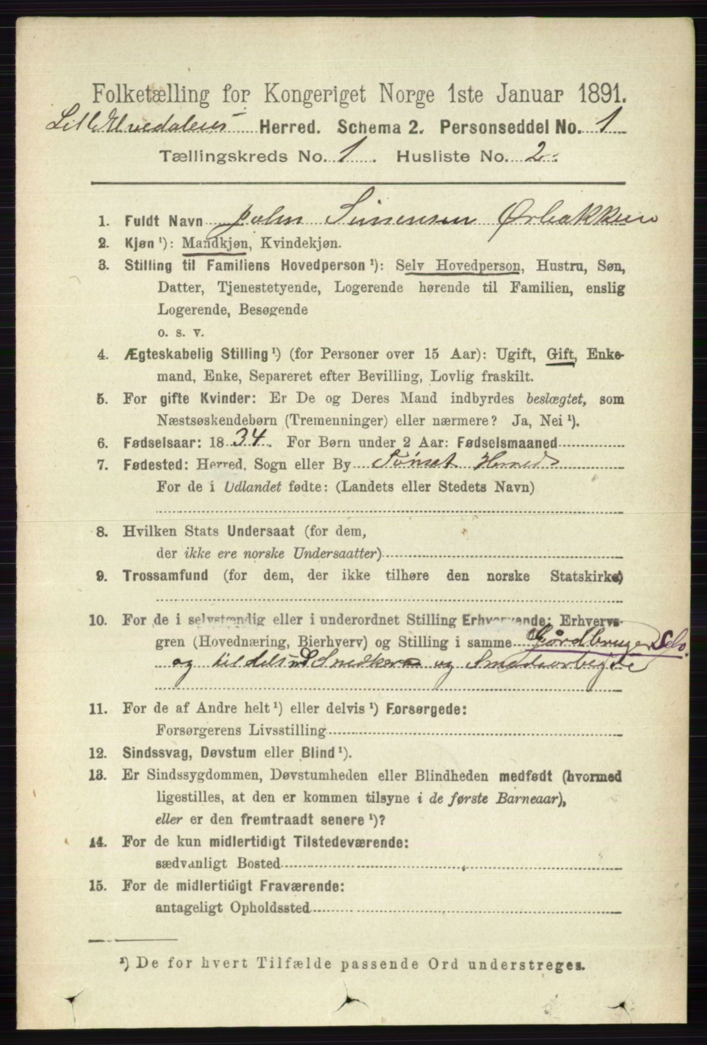 RA, 1891 census for 0438 Lille Elvedalen, 1891, p. 94