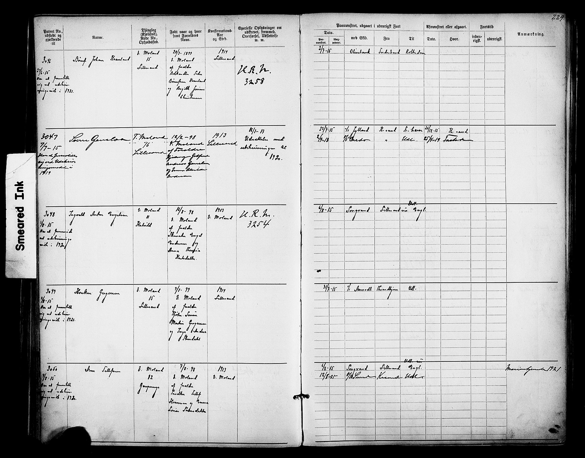 Lillesand mønstringskrets, SAK/2031-0014/F/Fa/L0003: Annotasjonsrulle nr 1911-3489 med register, W-9, 1891-1932, p. 260