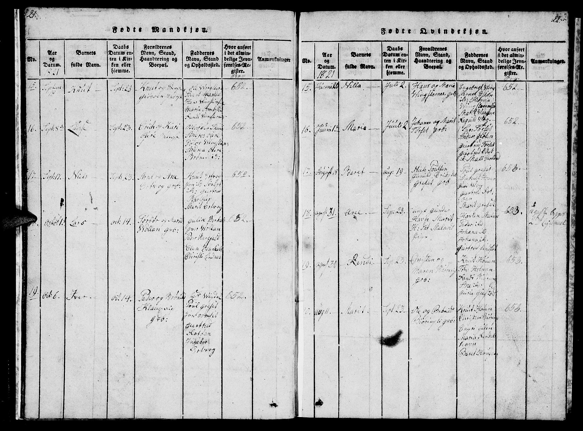 Ministerialprotokoller, klokkerbøker og fødselsregistre - Møre og Romsdal, AV/SAT-A-1454/578/L0908: Parish register (copy) no. 578C01, 1819-1837, p. 21-22