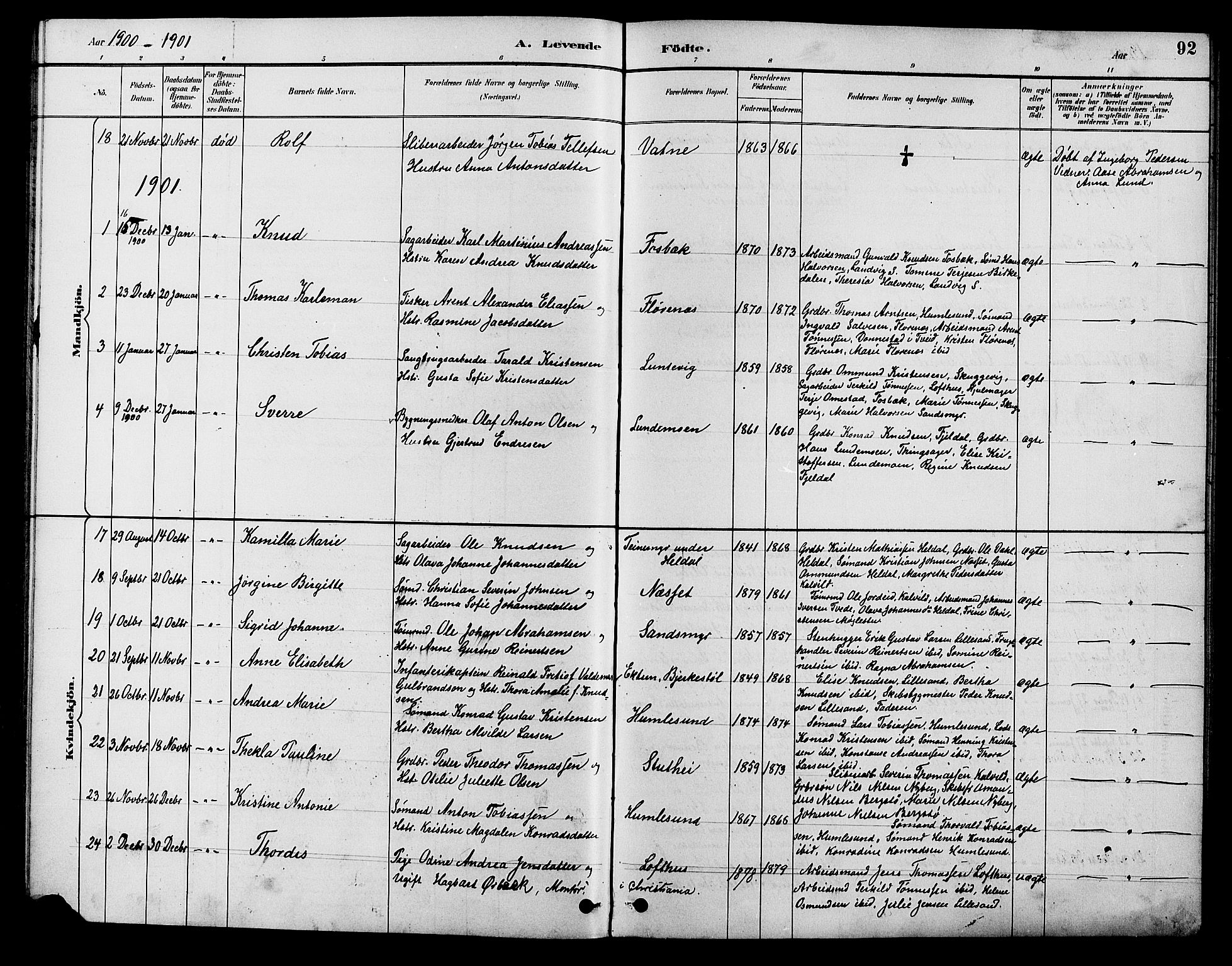 Vestre Moland sokneprestkontor, SAK/1111-0046/F/Fb/Fbb/L0006: Parish register (copy) no. B 6, 1884-1905, p. 92