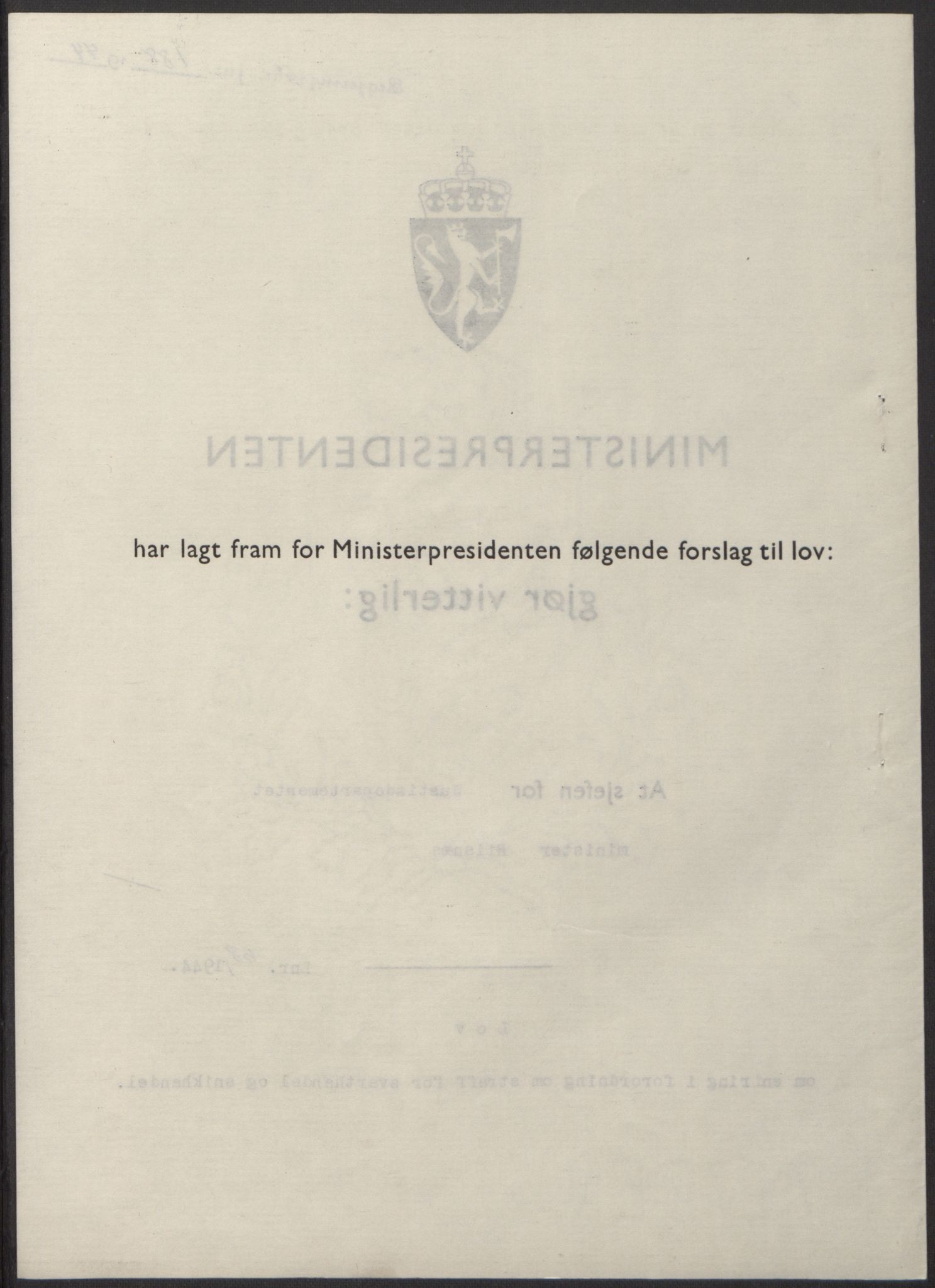 NS-administrasjonen 1940-1945 (Statsrådsekretariatet, de kommisariske statsråder mm), AV/RA-S-4279/D/Db/L0100: Lover, 1944, p. 322