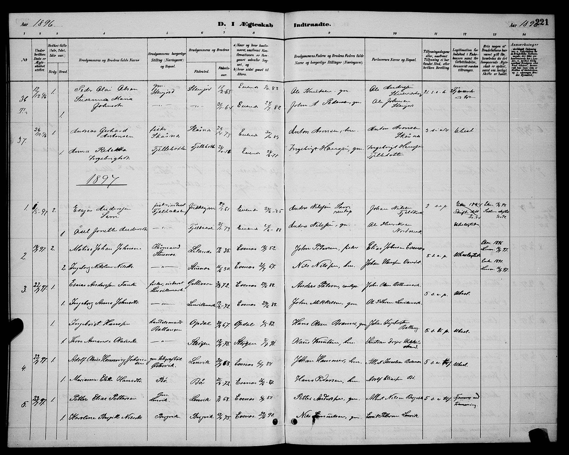 Ministerialprotokoller, klokkerbøker og fødselsregistre - Nordland, AV/SAT-A-1459/863/L0914: Parish register (copy) no. 863C04, 1886-1897, p. 221