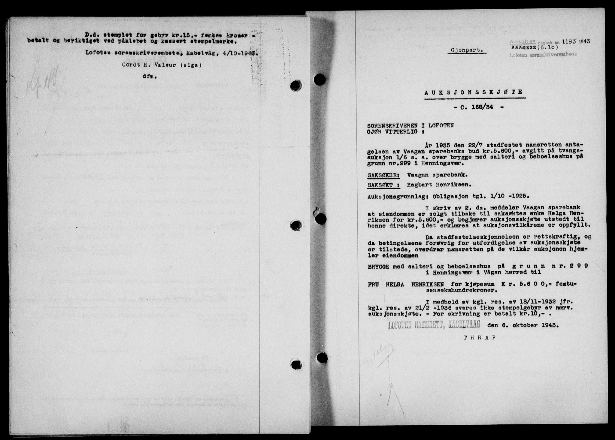 Lofoten sorenskriveri, SAT/A-0017/1/2/2C/L0011a: Mortgage book no. 11a, 1943-1943, Diary no: : 1183/1943