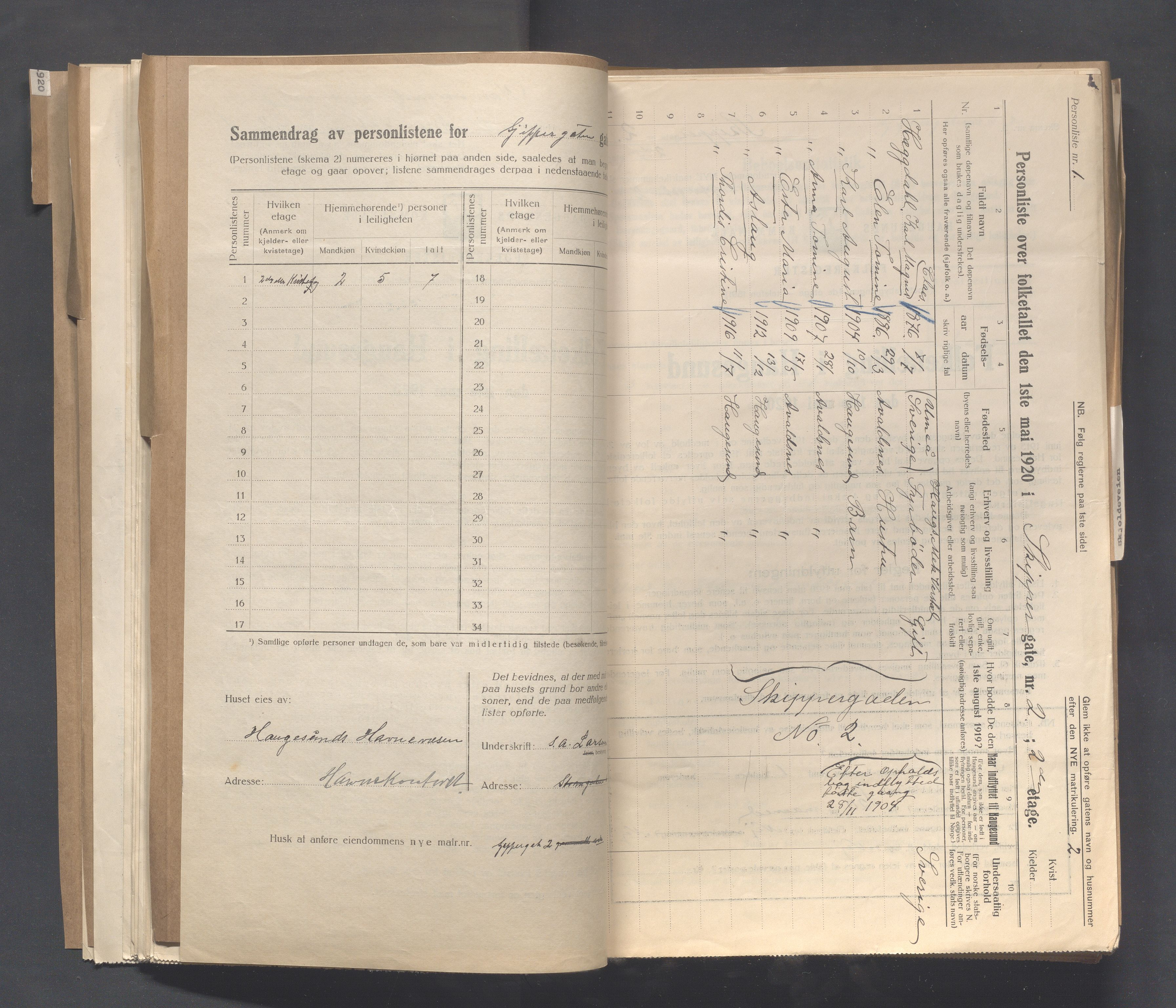 IKAR, Local census 1.5.1920 for Haugesund, 1920, p. 3759