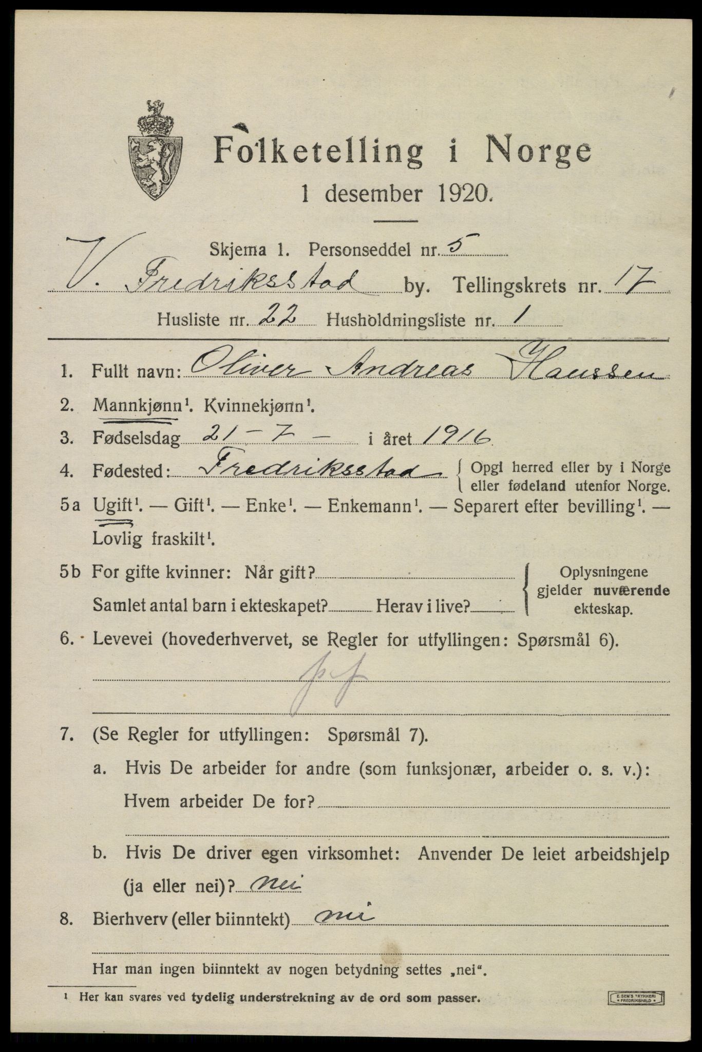 SAO, 1920 census for Fredrikstad, 1920, p. 39209