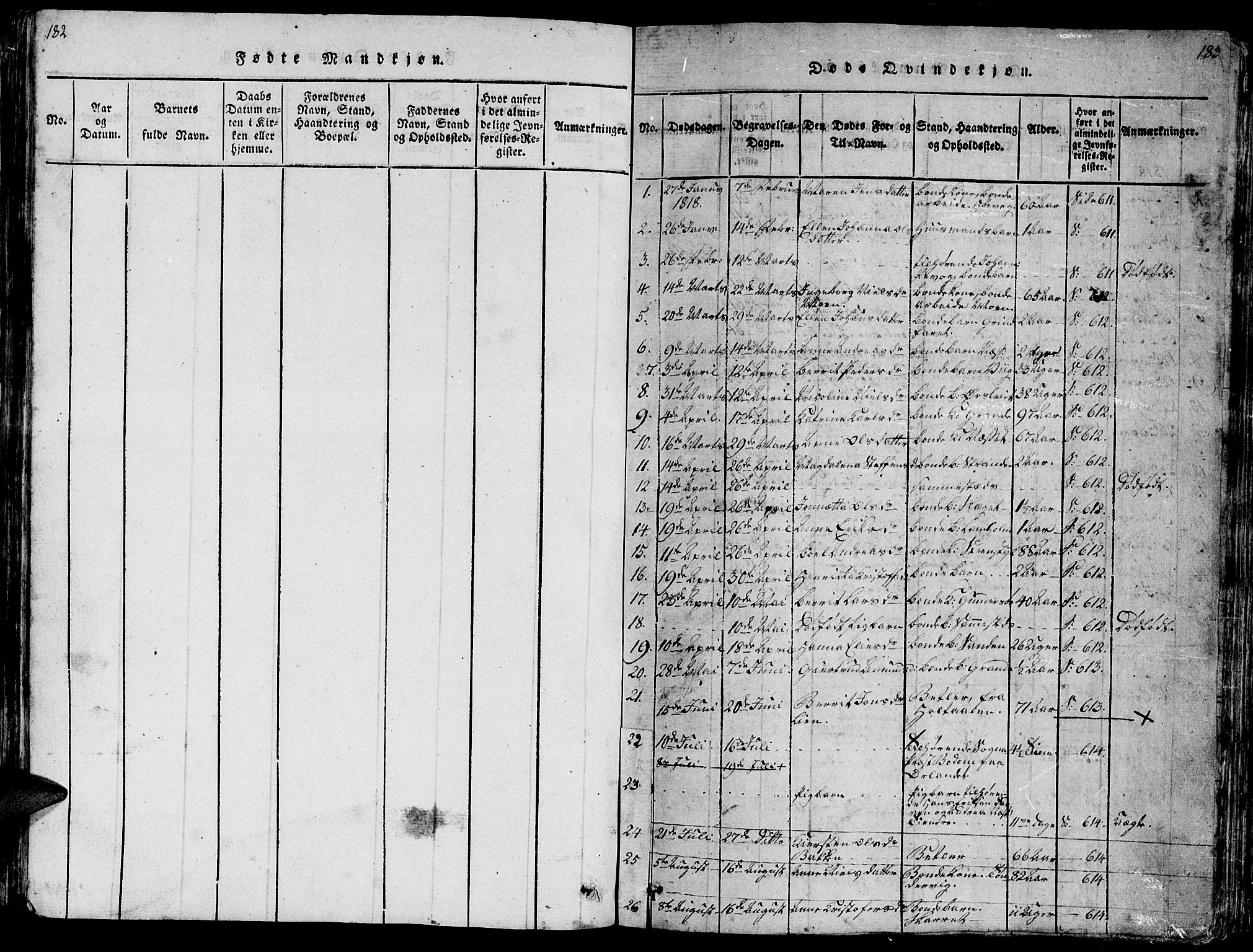 Ministerialprotokoller, klokkerbøker og fødselsregistre - Sør-Trøndelag, SAT/A-1456/659/L0744: Parish register (copy) no. 659C01, 1818-1825, p. 182-183