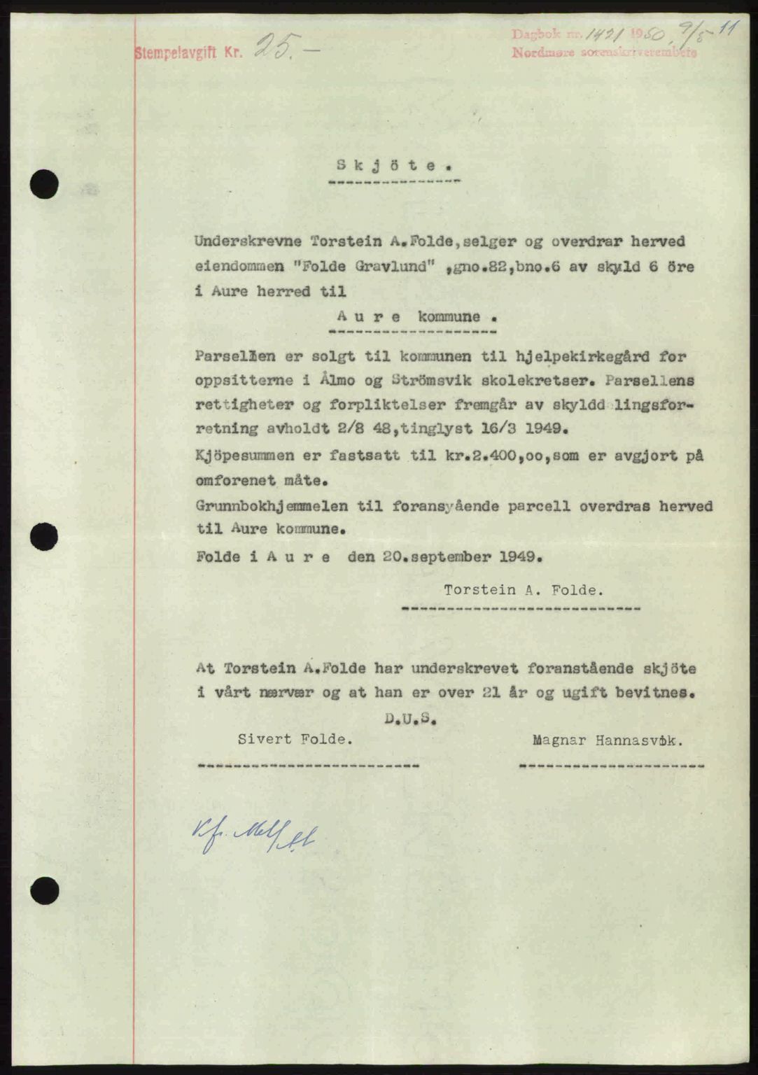 Nordmøre sorenskriveri, AV/SAT-A-4132/1/2/2Ca: Mortgage book no. A115, 1950-1950, Diary no: : 1421/1950