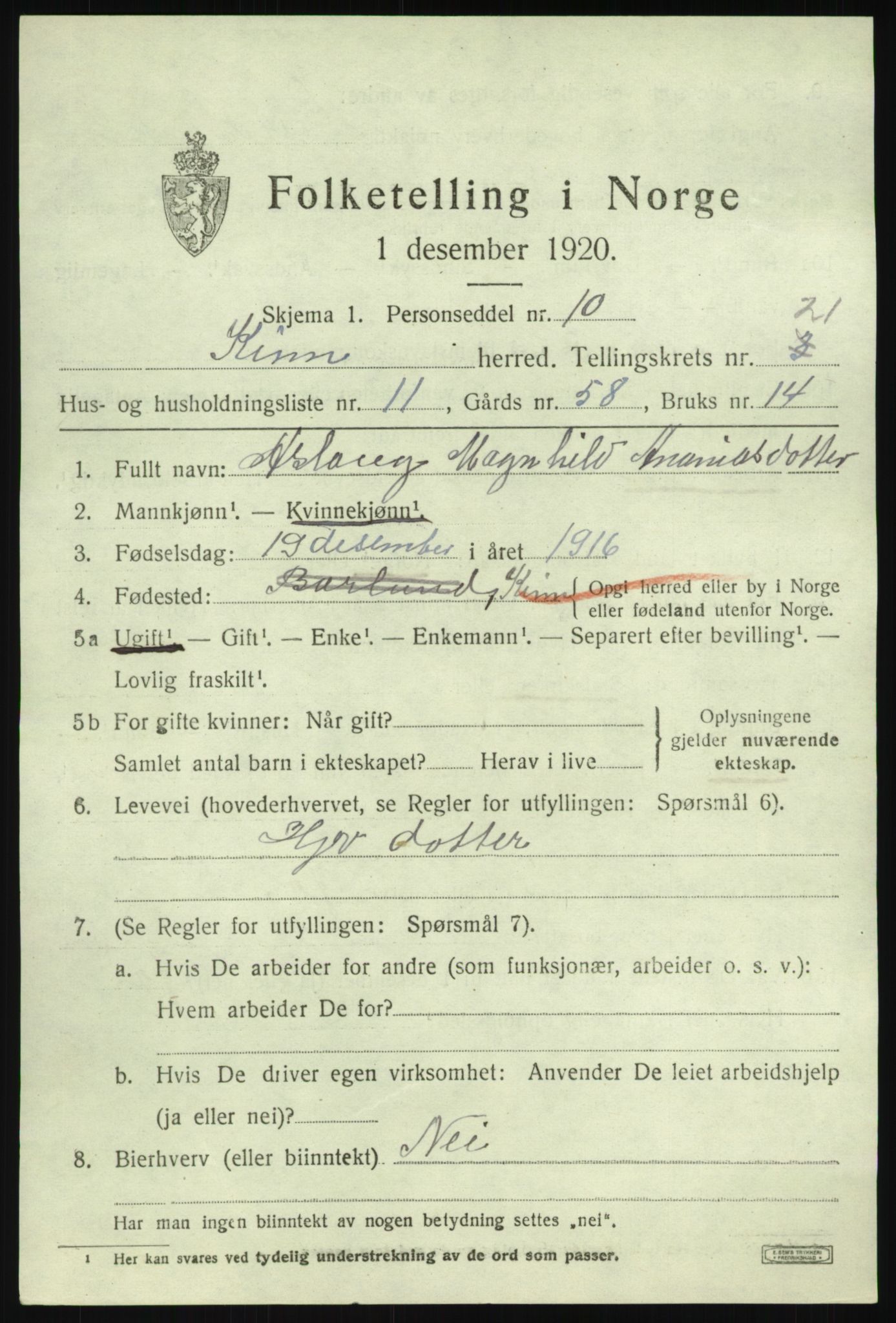 SAB, 1920 census for Kinn, 1920, p. 7877