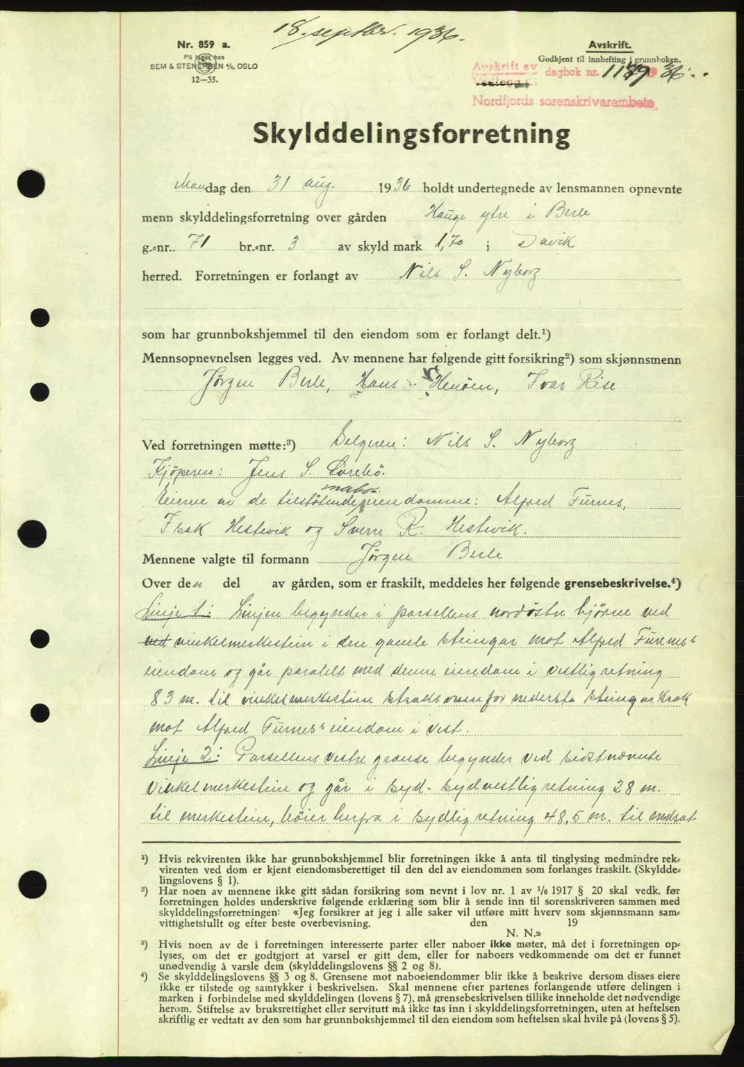 Nordfjord sorenskriveri, AV/SAB-A-2801/02/02b/02bj/L0001: Mortgage book no. A1, 1936-1937, Diary no: : 1159/1936