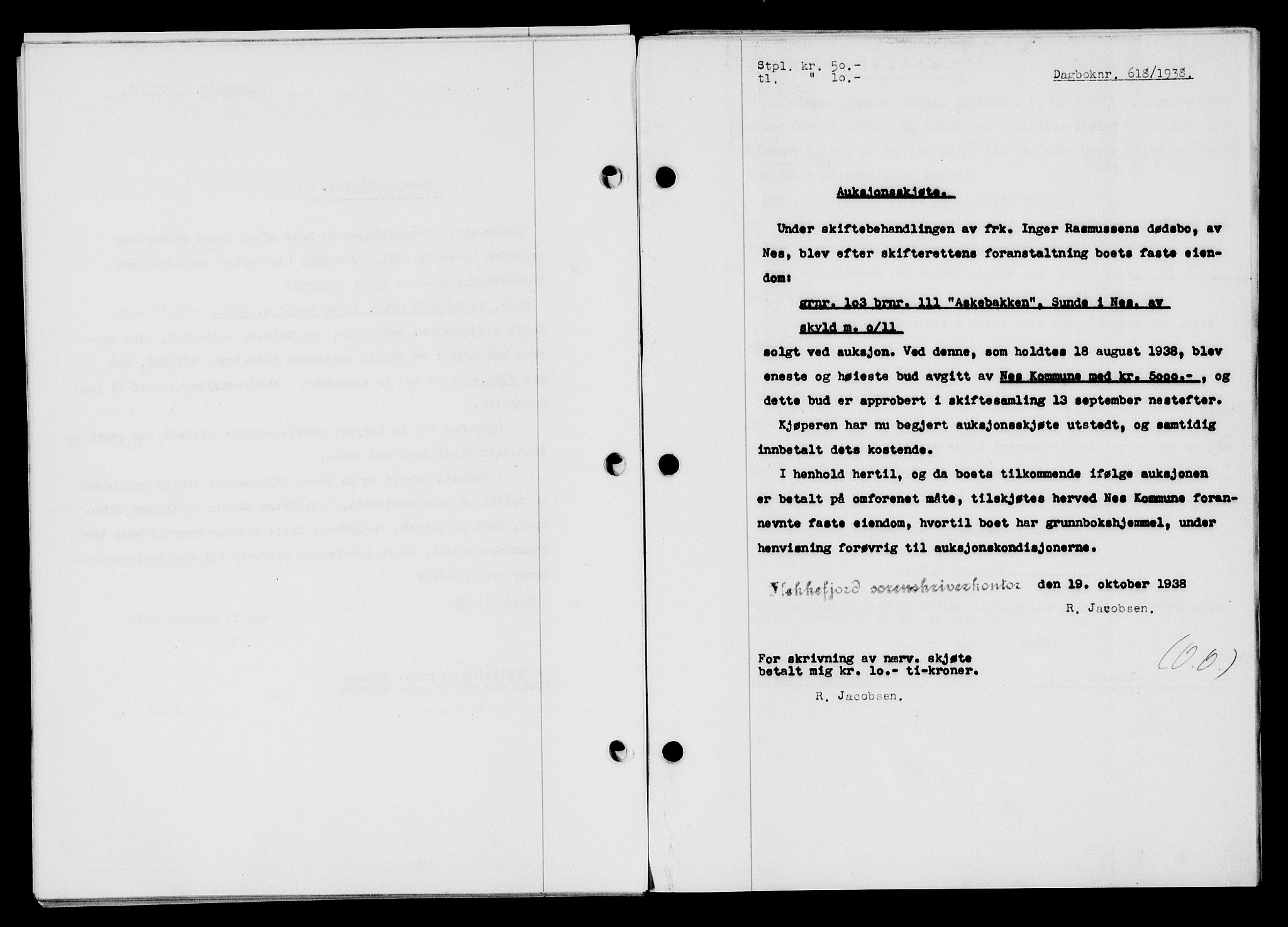 Flekkefjord sorenskriveri, SAK/1221-0001/G/Gb/Gba/L0054: Mortgage book no. A-2, 1937-1938, Diary no: : 618/1938